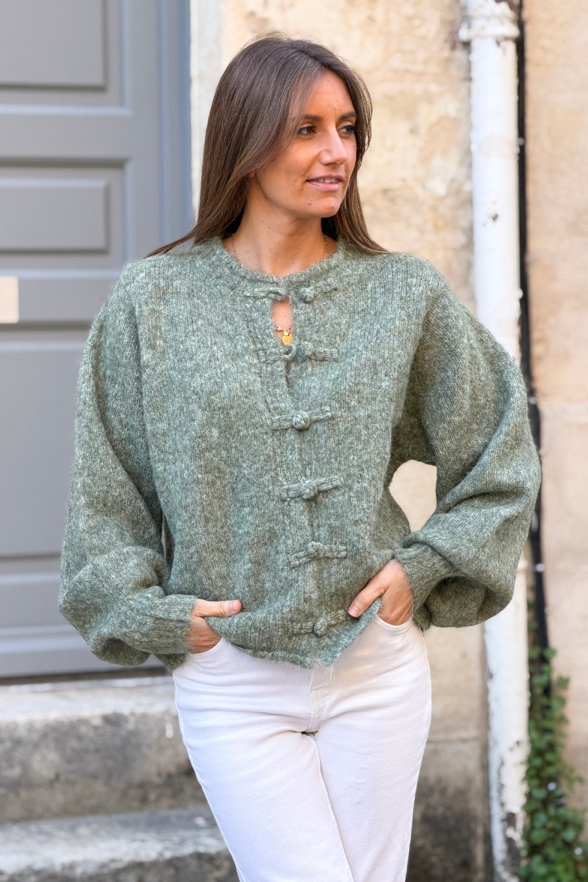 Sage Marled Knit Mohair Sweater Jacket
