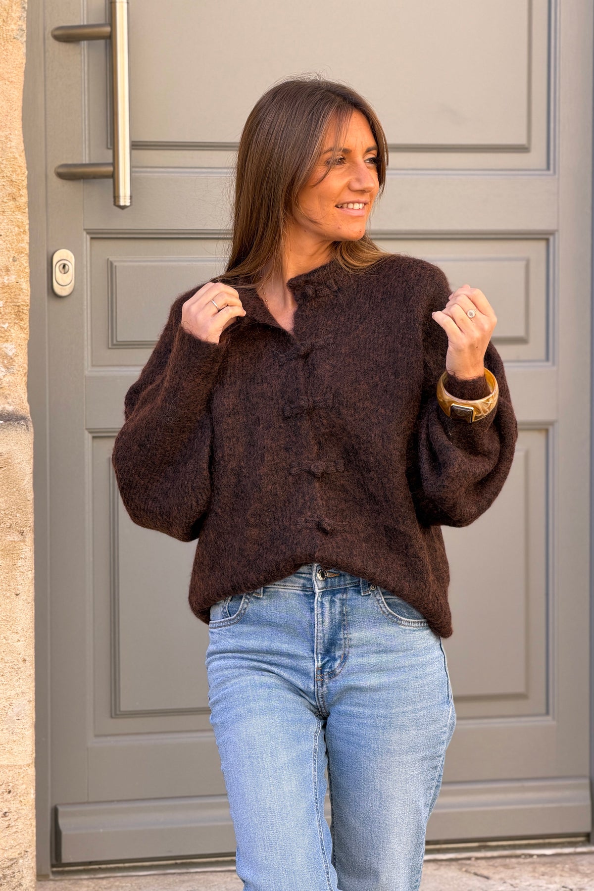 Chocolate Brown Marled Knit Mohair Sweater Jacket