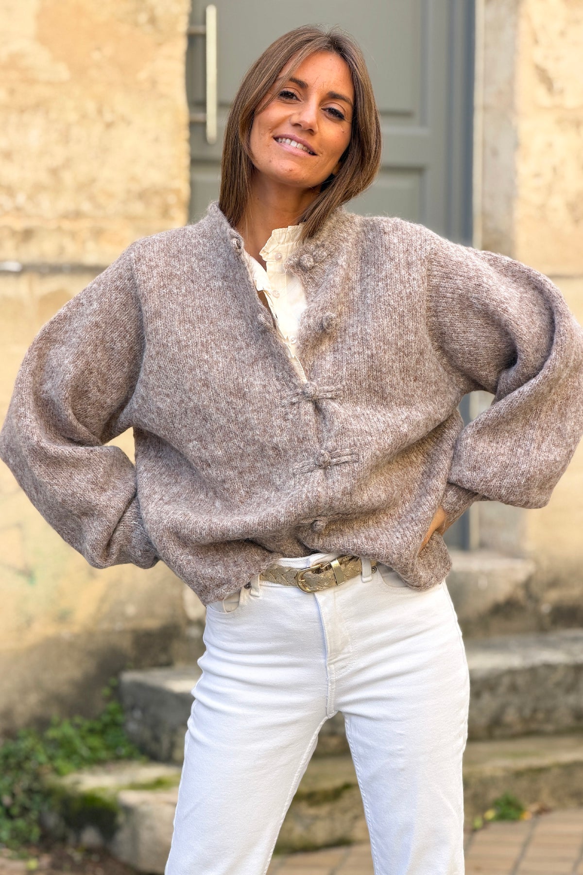 Taupe Marled Knit Mohair Sweater Jacket
