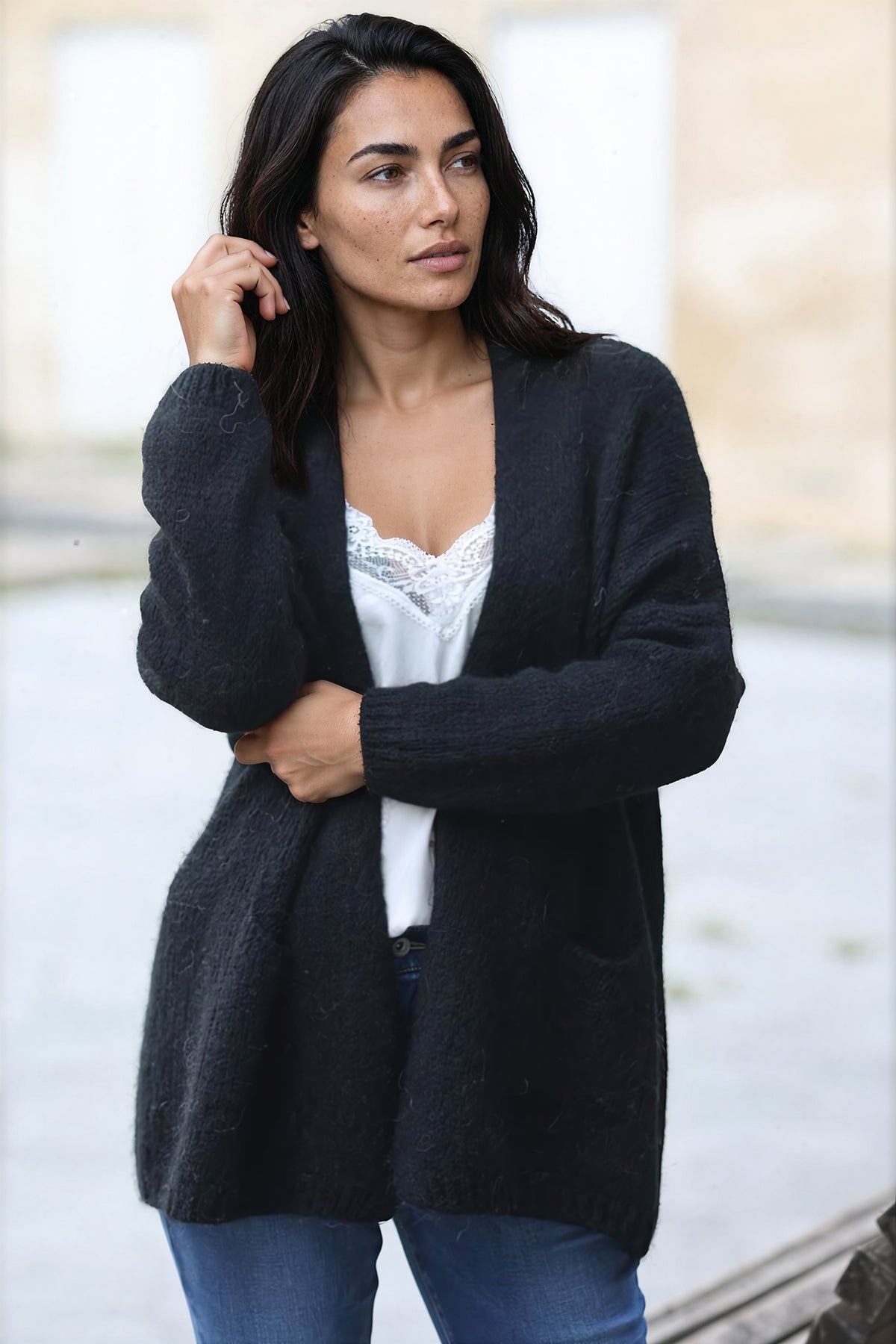 Black cardigan with wrap around collar