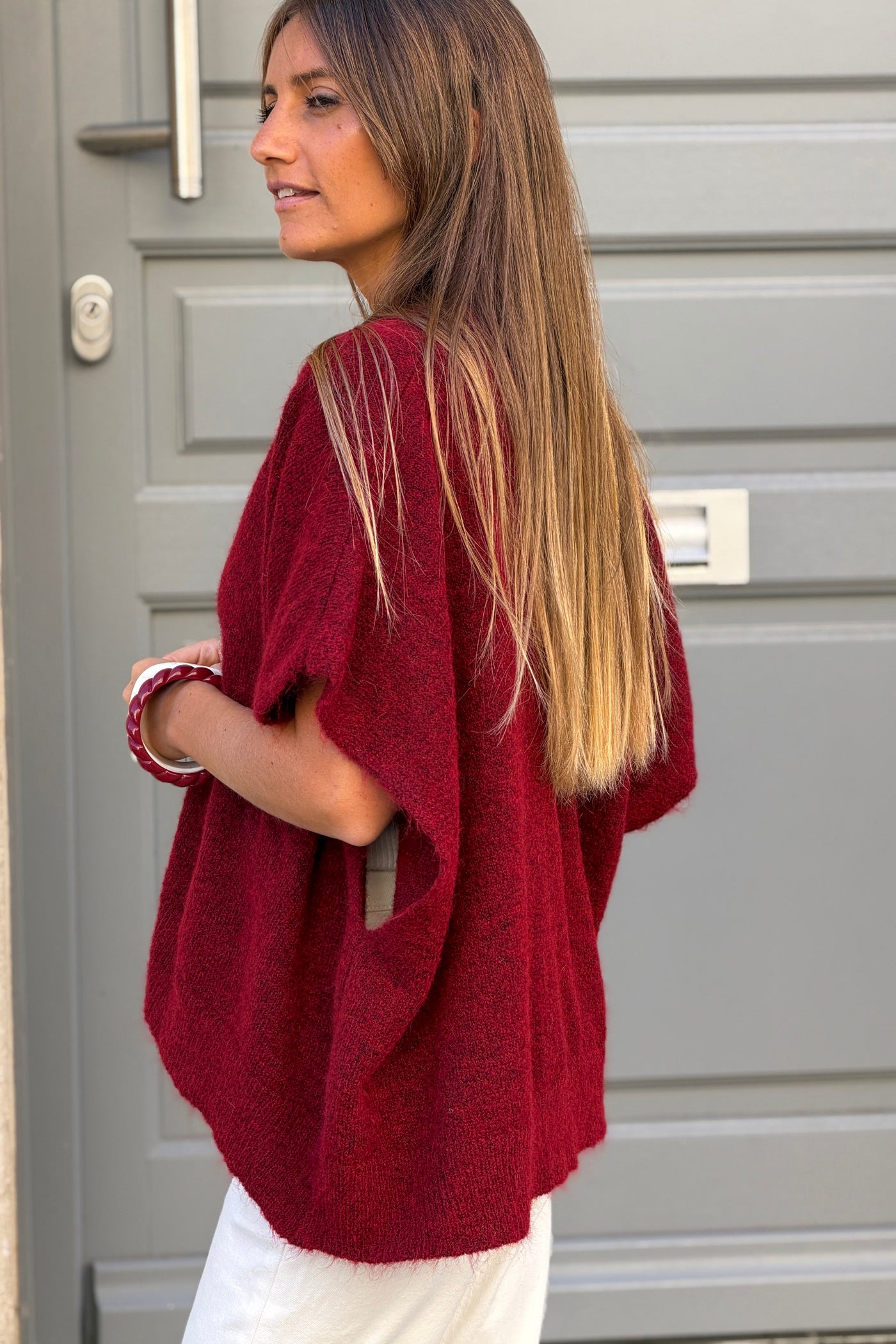 Gilet sans manches bordeaux coupe loose en maille chinée boutons nacrés