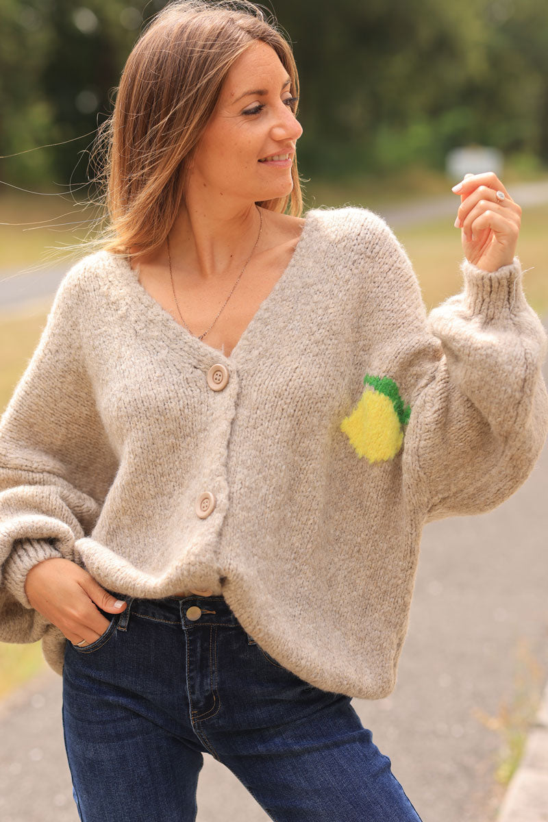 Taupe chunky knit cardigan with lemon 'limoncello' back pattern