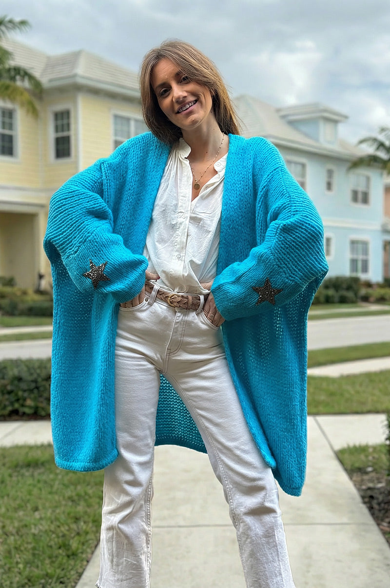Turquoise Drop-Sleeve Knit Duster with Star Studded Cuffs