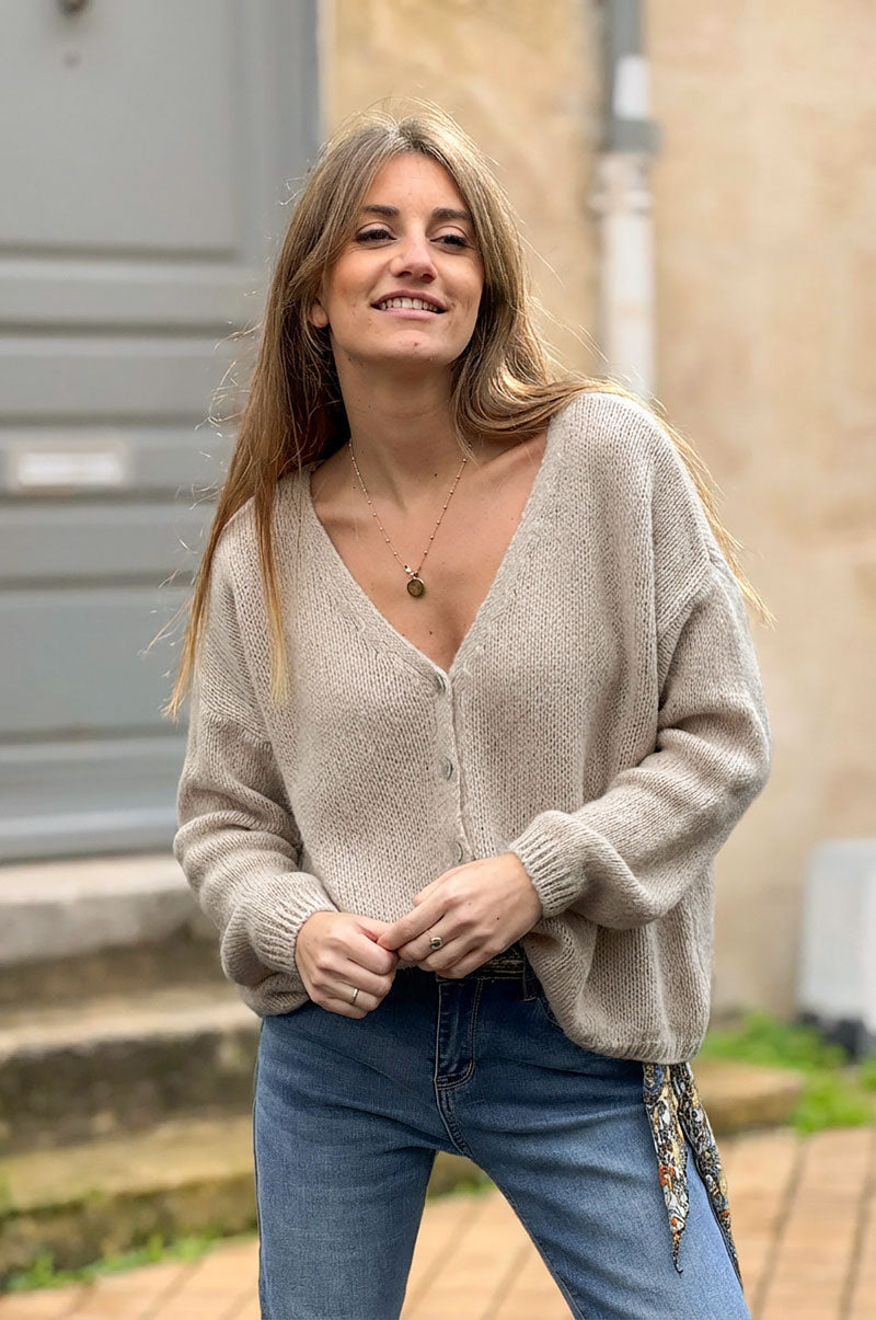 Beige Mother of Pearl Button through V-Neck Cardigan