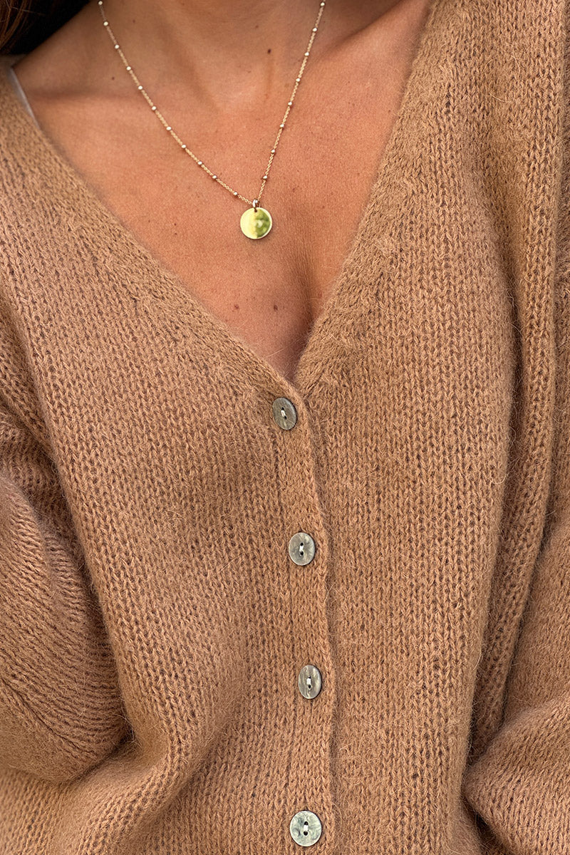 Camel Mother of Pearl Button through V-Neck Cardigan