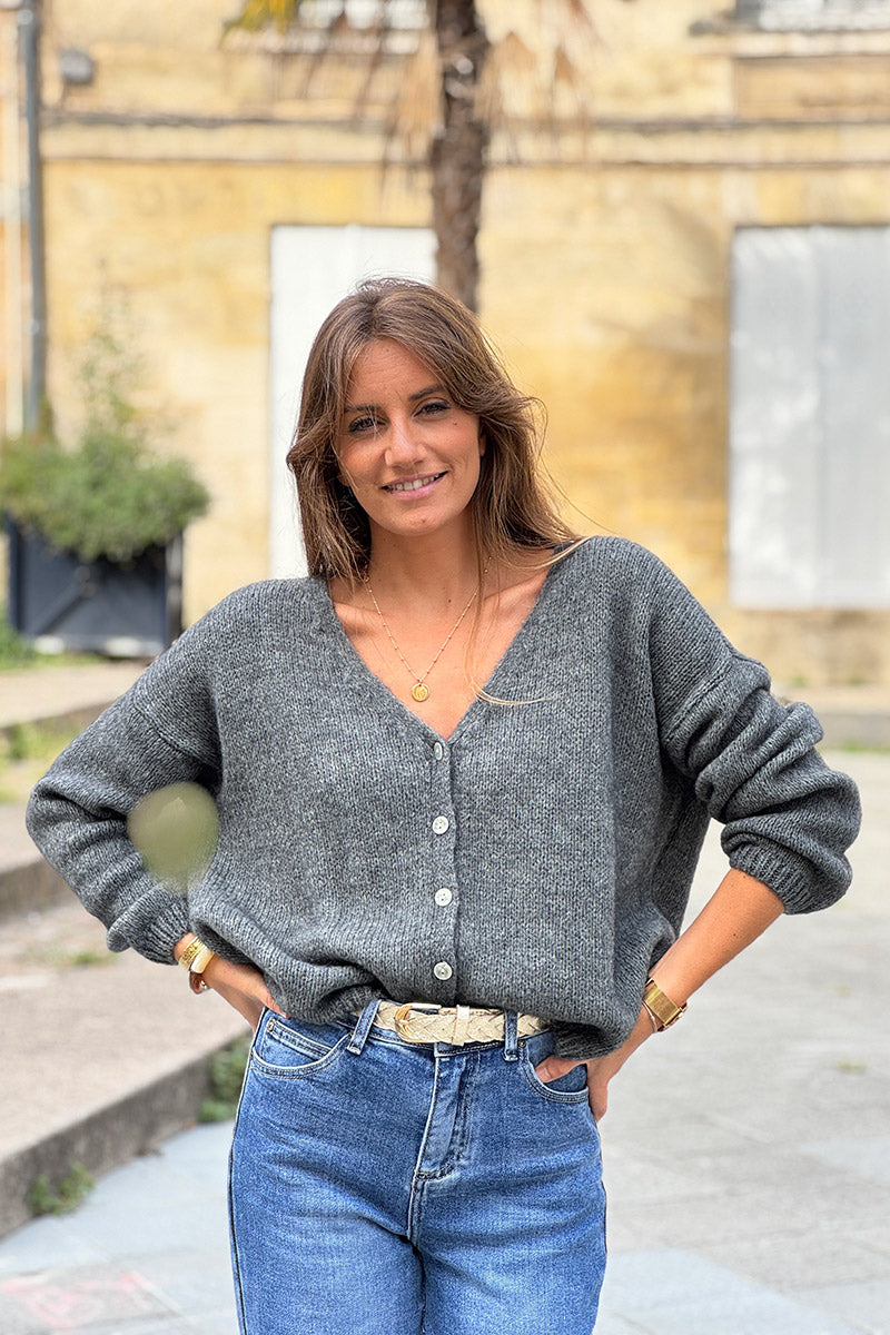Gray Mother of Pearl Button through V-Neck Cardigan