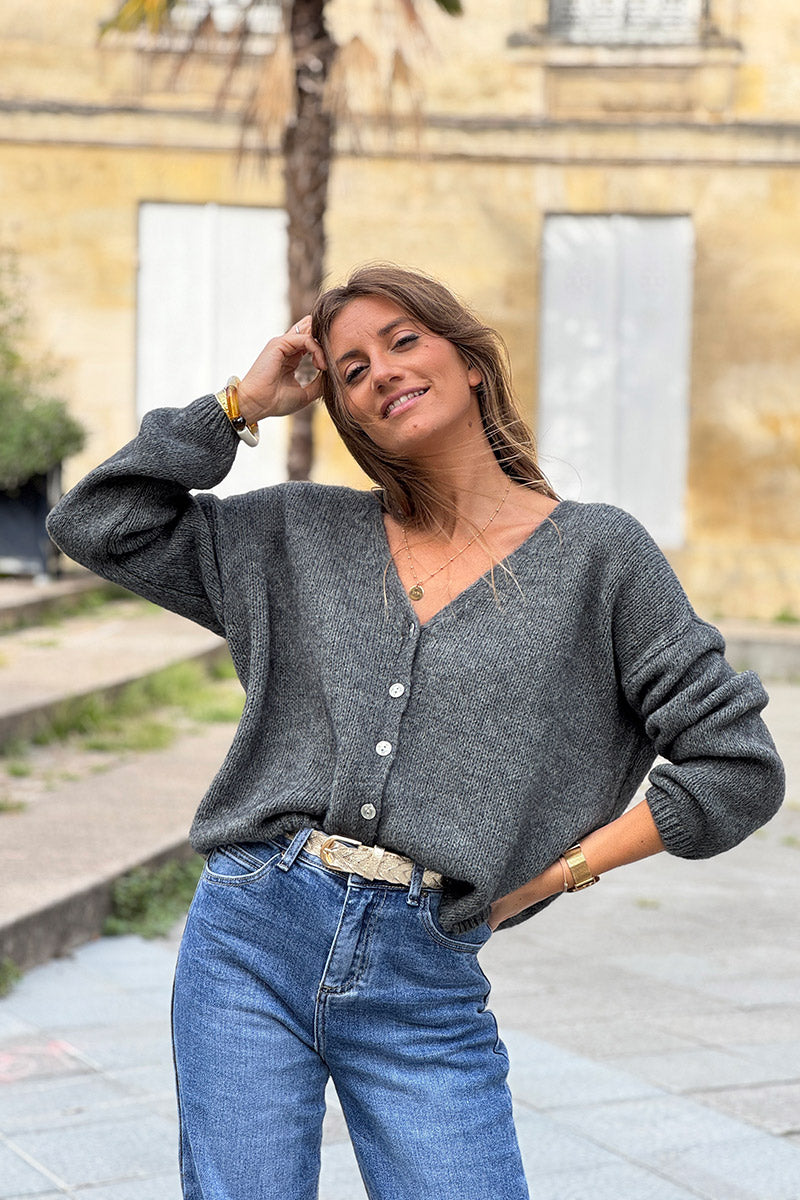 Gray Mother of Pearl Button through V-Neck Cardigan