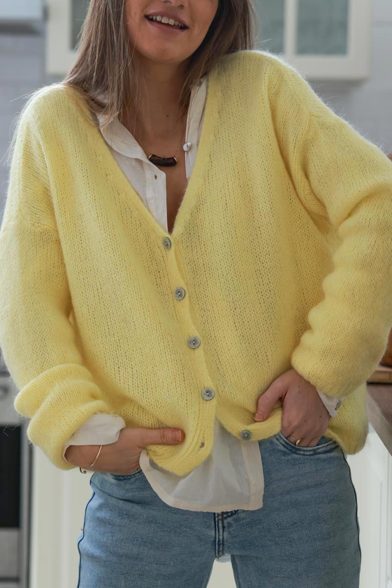 Pastel Yellow Mother of Pearl Button through V-Neck Cardigan