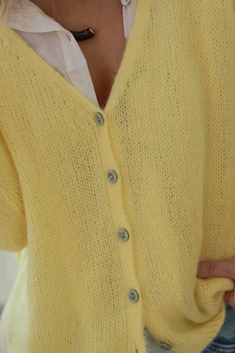Pastel Yellow Mother of Pearl Button through V-Neck Cardigan