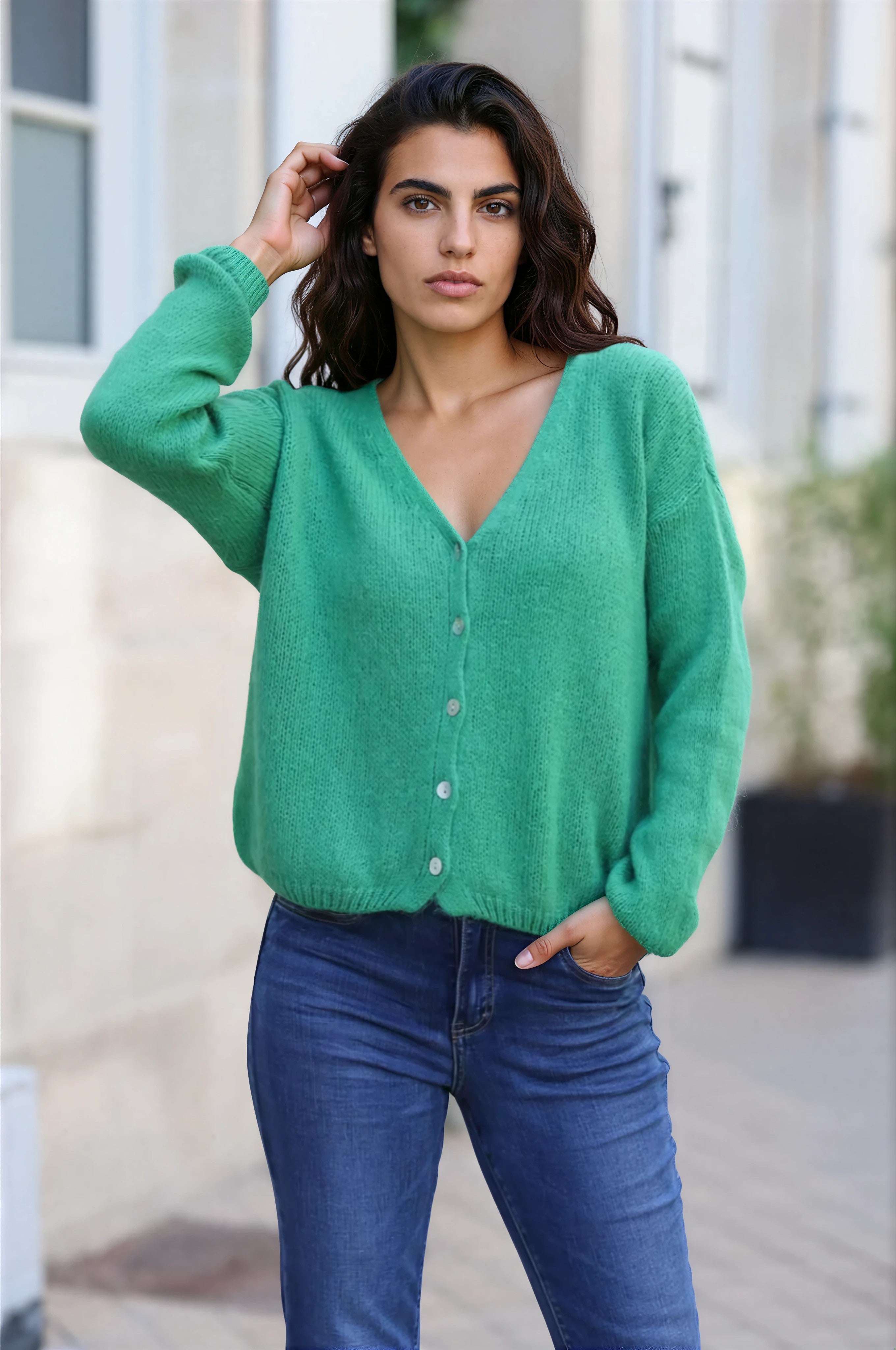 Gilet vert petite maille boutons nacrés