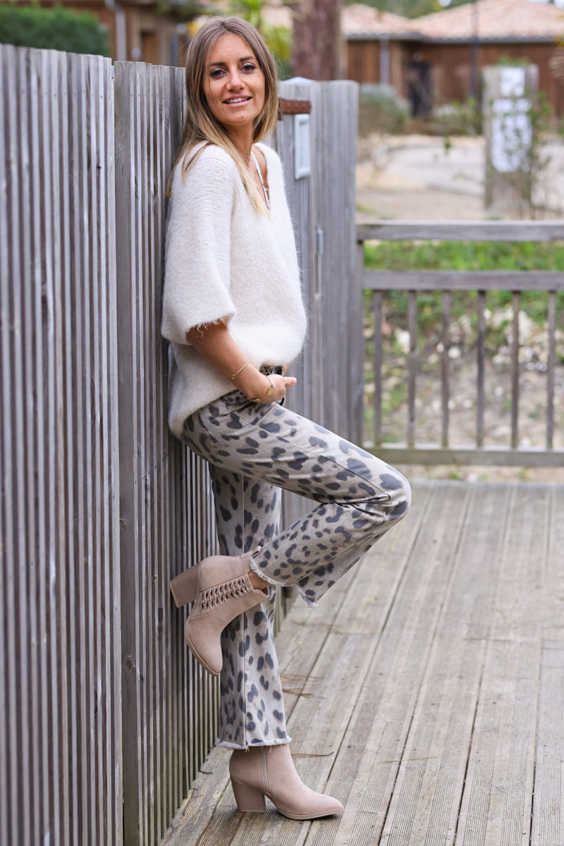 Jean 7/8eme beige imprimé léopard petites franges