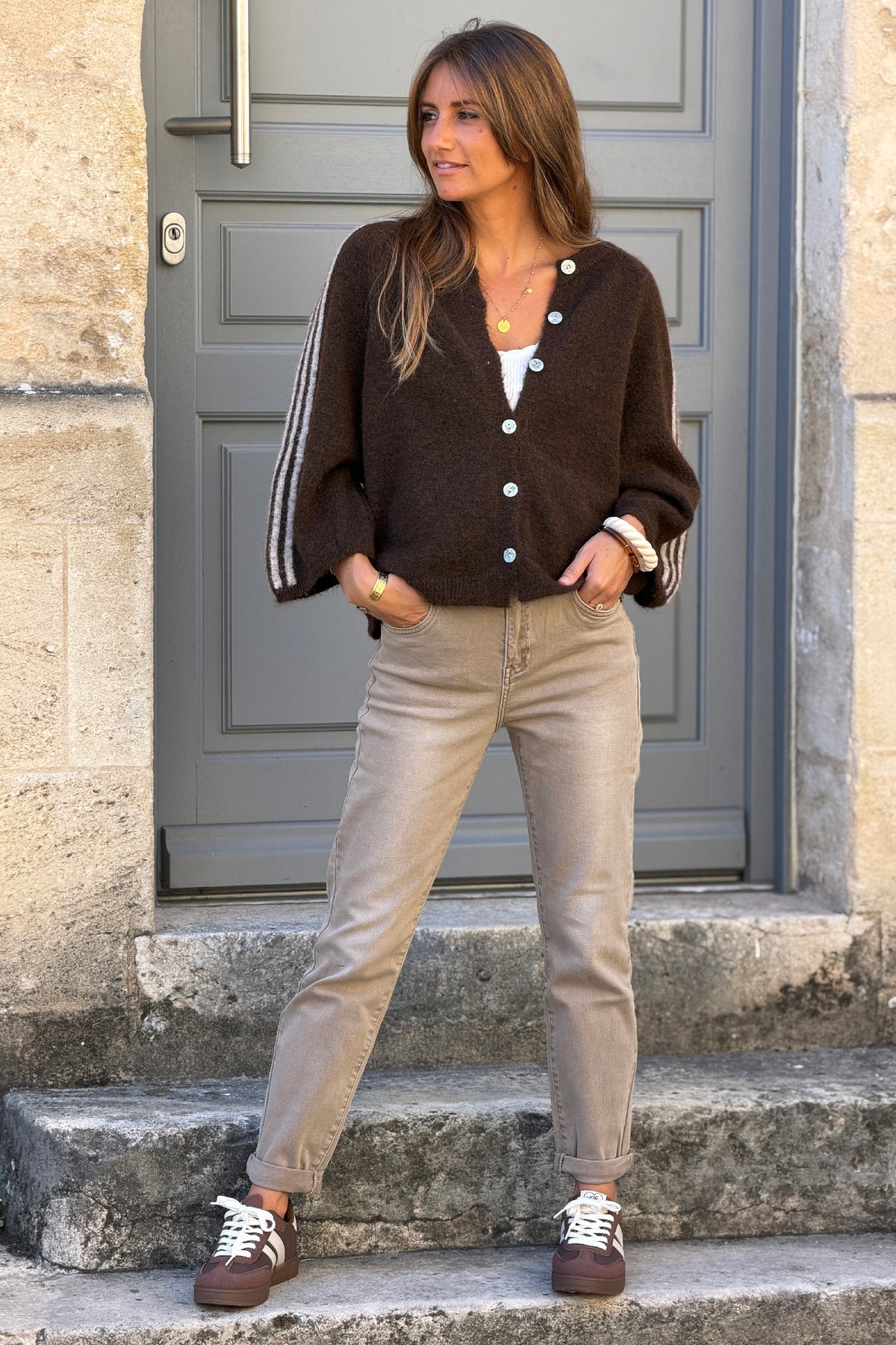 Jean beige délavé stretch coupe slim