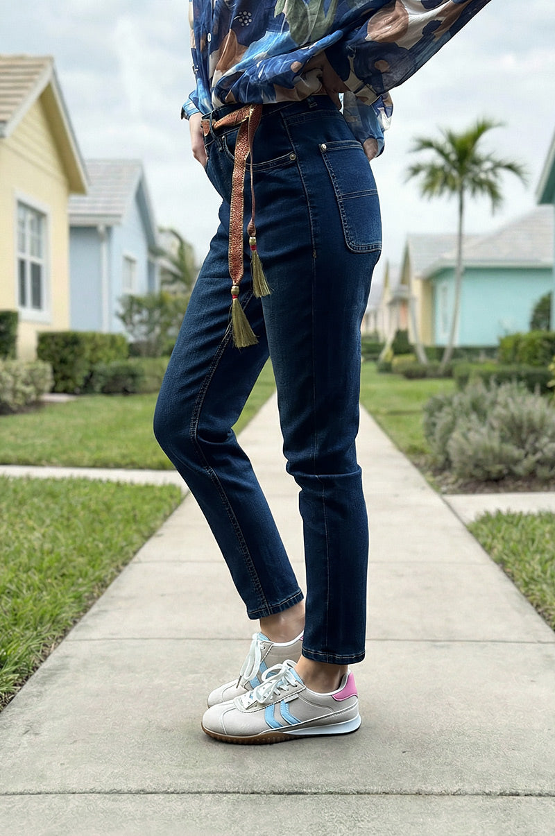 Dark Wash Straight Leg Denim Jeans with Tassel Belt