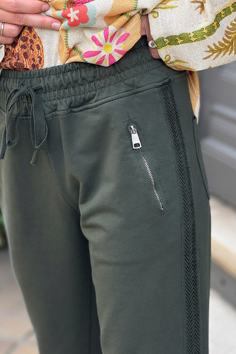 Dark Olive Zip-Pocket Chevron Trim Casual Cotton Joggers