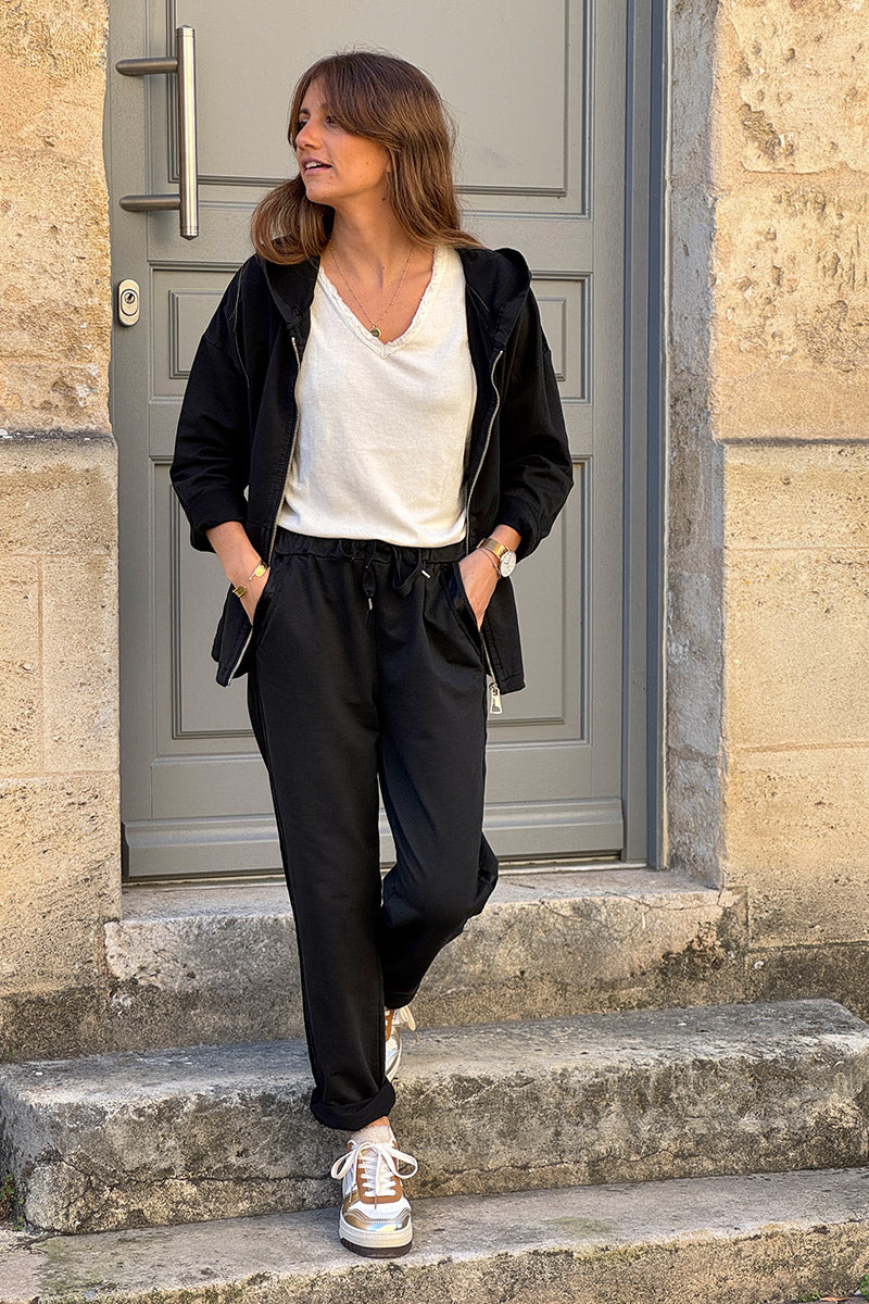 Jogging noir confort taille élastique liseré ruban satiné