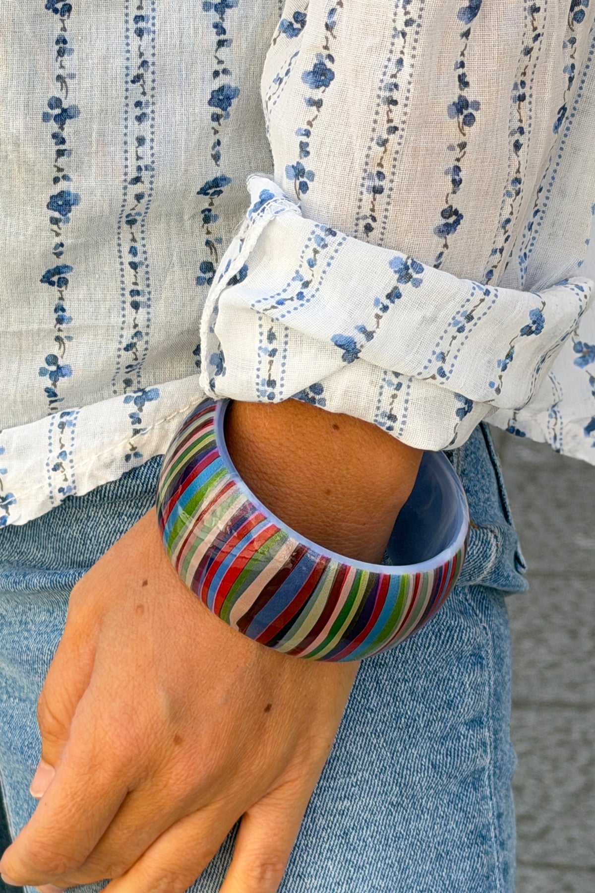 Green Multi Horizontal Stripe Wide Bangle