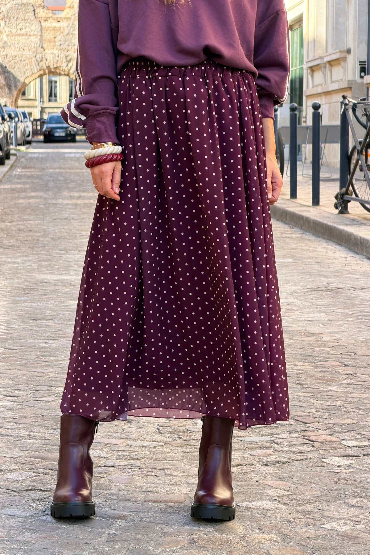 Jupe fluide aubergine doublée imprimé pois taille élastique