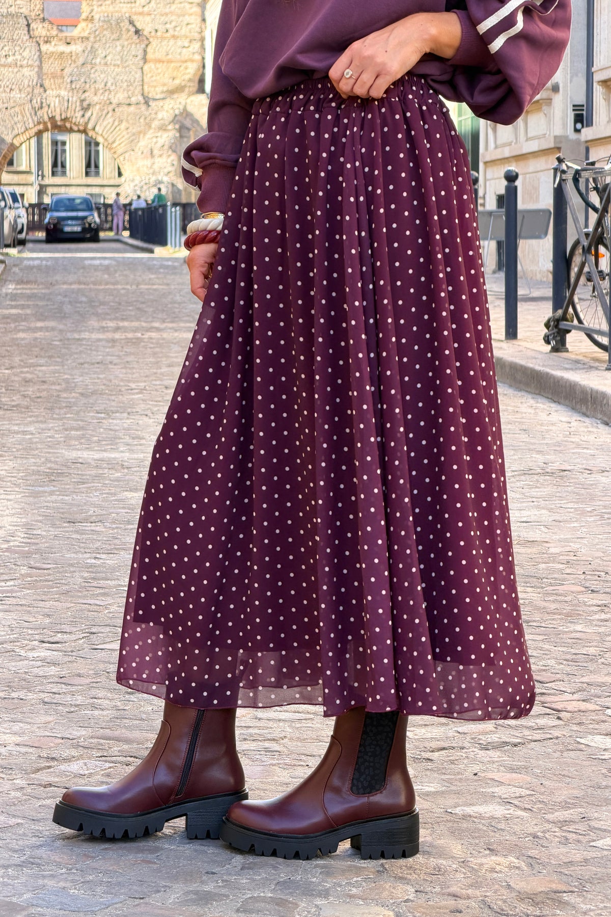 Jupe fluide aubergine doublée imprimé pois taille élastique