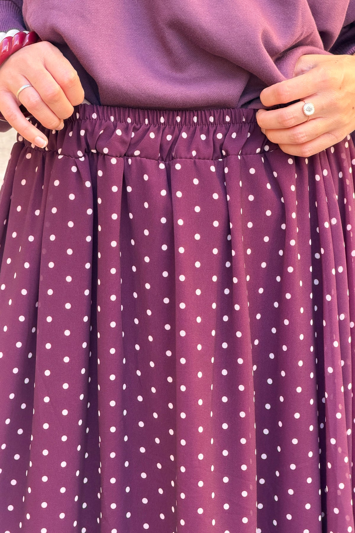 Jupe fluide aubergine doublée imprimé pois taille élastique