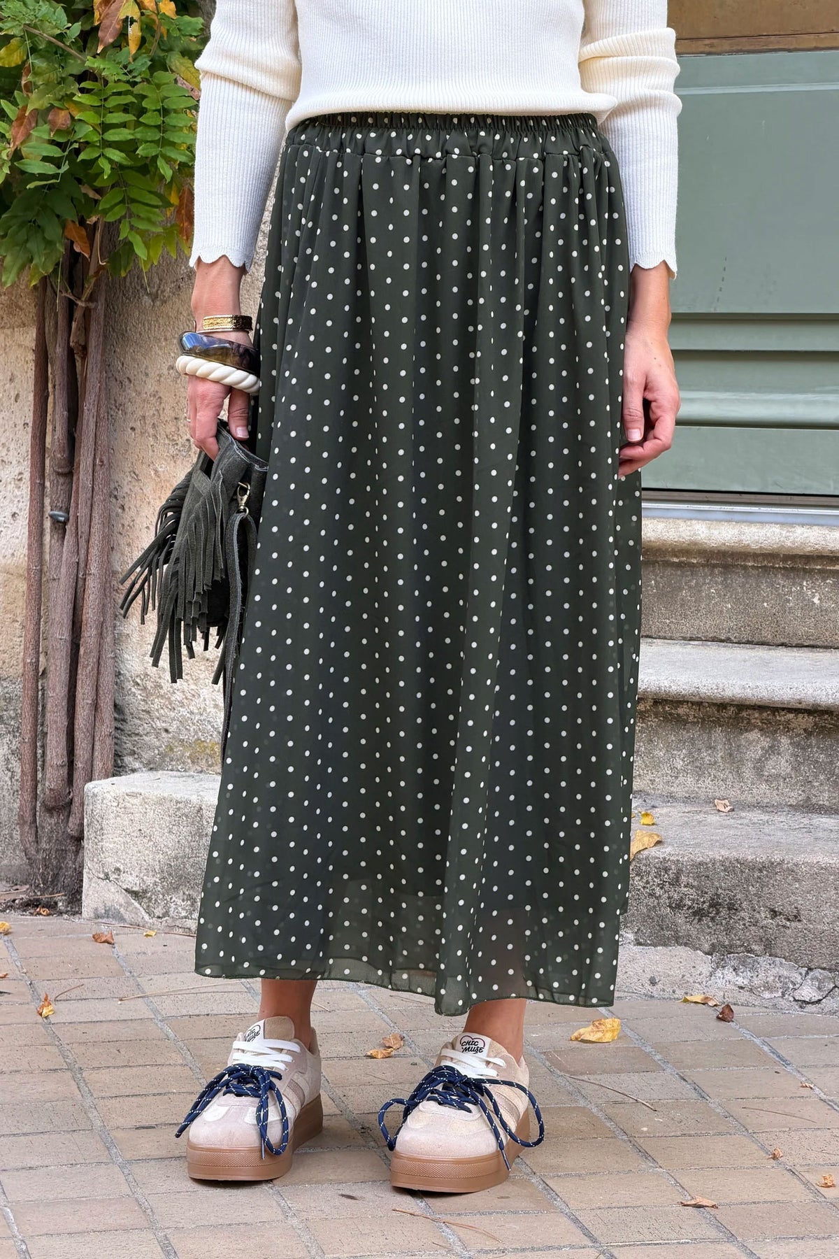 Jupe fluide kaki doublée imprimé pois taille élastique