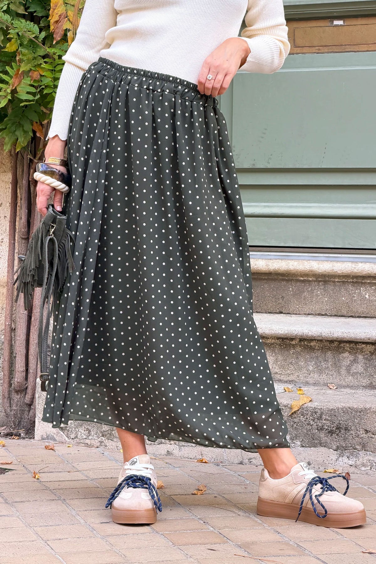 Jupe fluide kaki doublée imprimé pois taille élastique