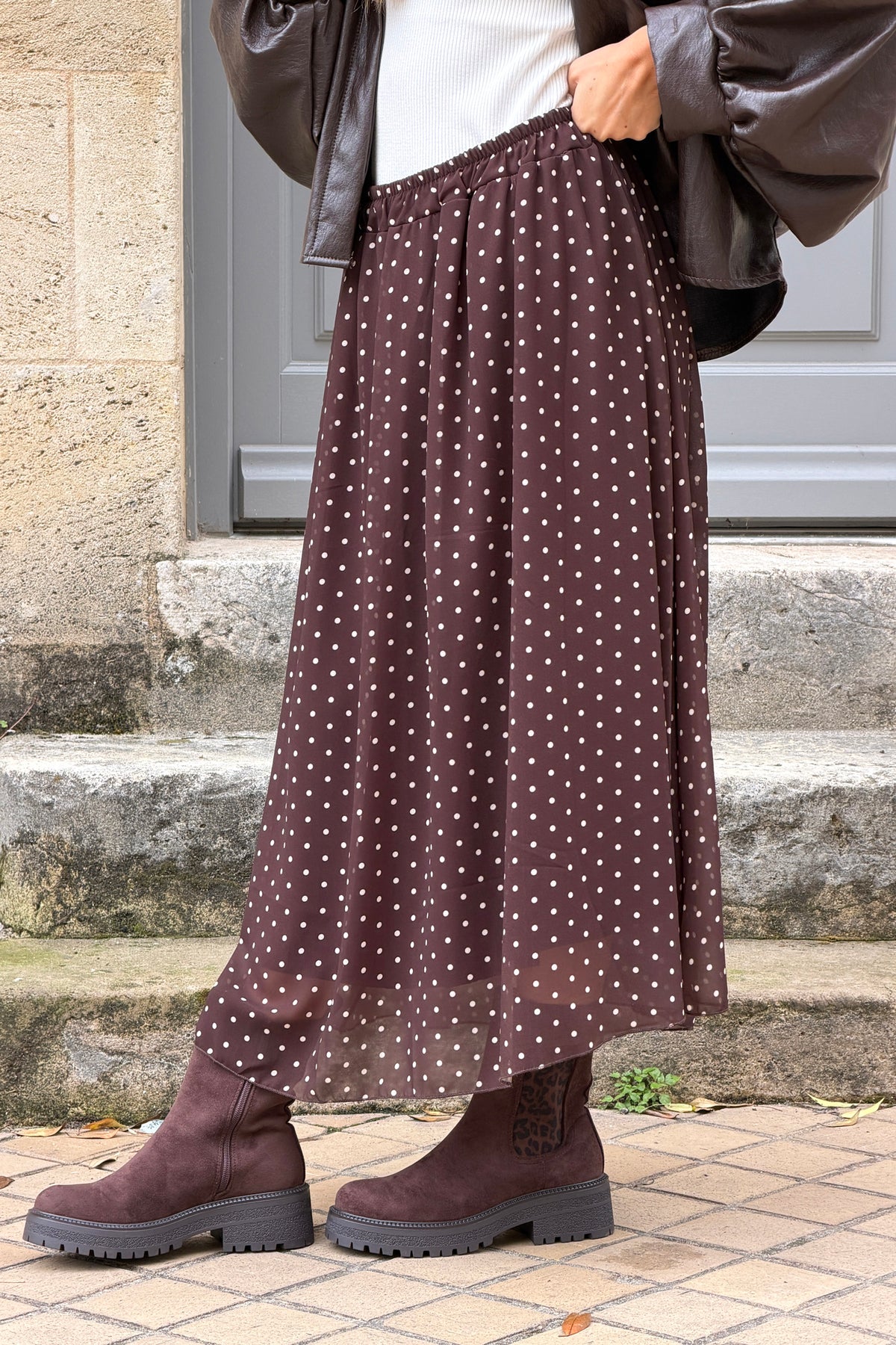 Jupe fluide marron doublée imprimé pois taille élastique