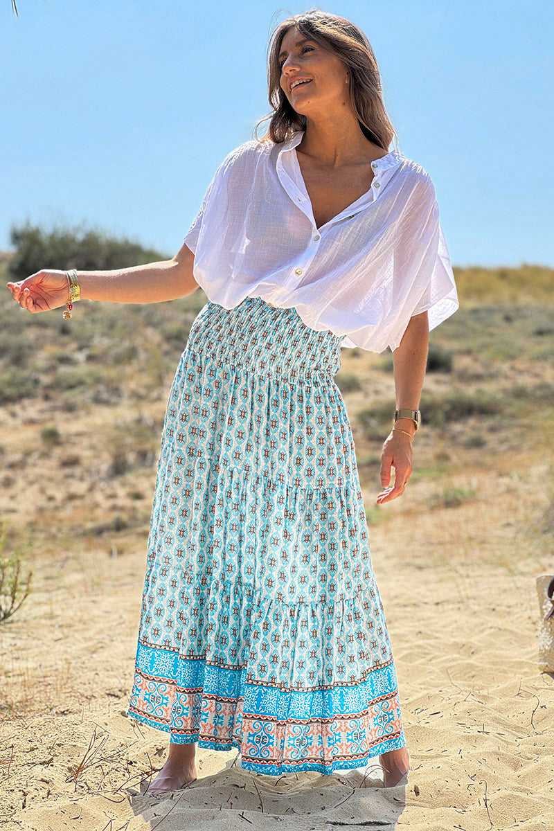 Turquoise Batik Print Boho Skirt