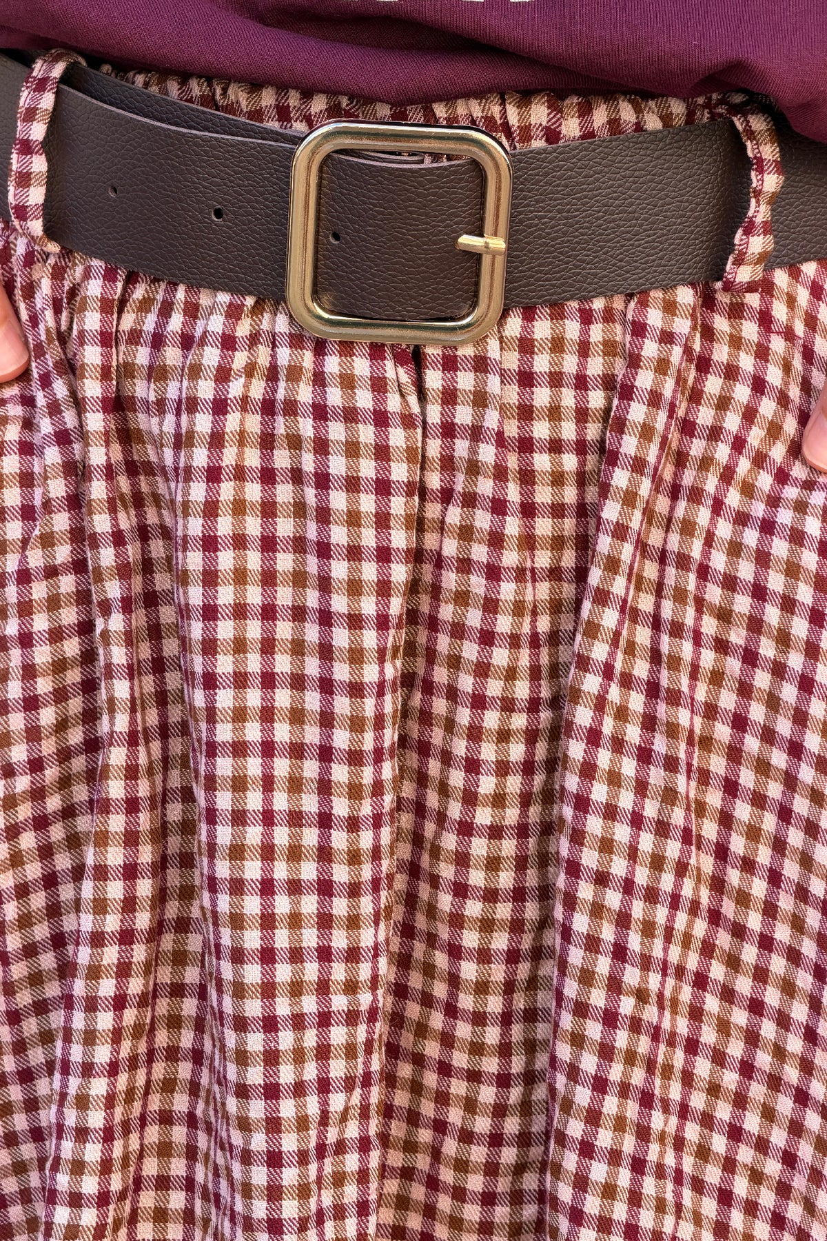 Jupe longue style flanelle imprimé petits carreaux vichy aubergine taille élastique