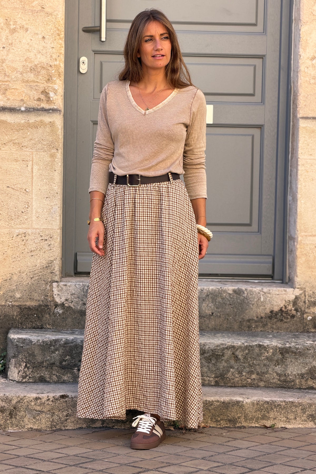 Jupe longue style flanelle imprimé petits carreaux vichy marron et beige taille élastique