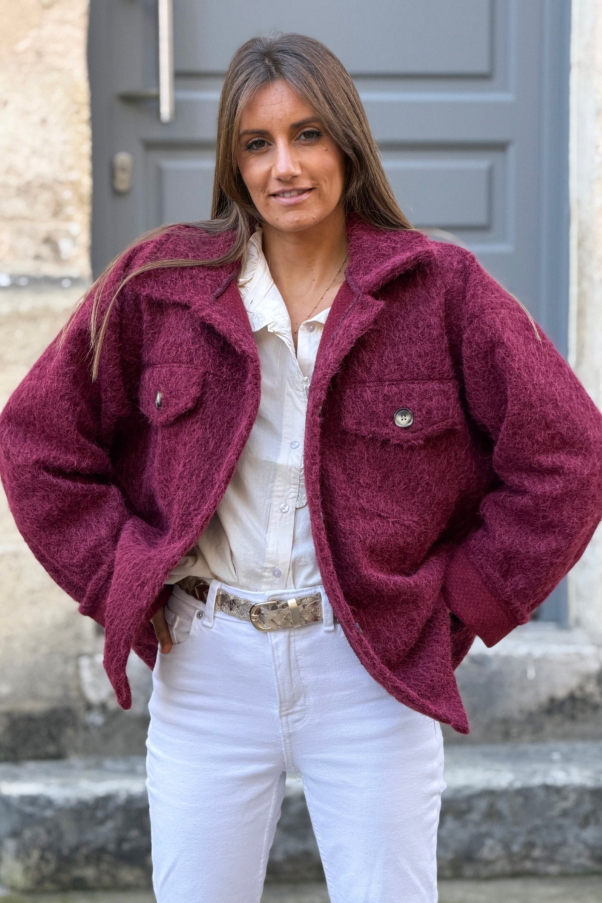 Burgundy Fuzzy Knit Sweater Coat