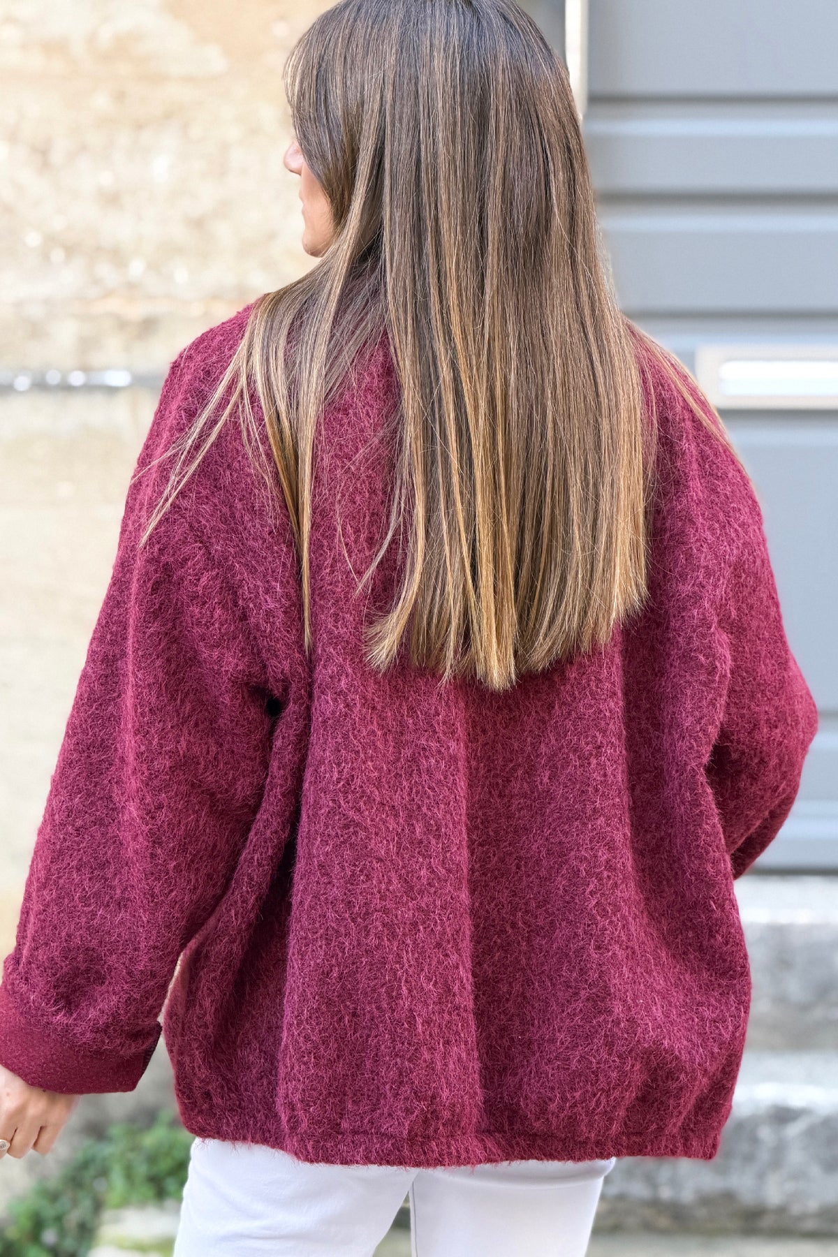 Burgundy Fuzzy Knit Sweater Coat