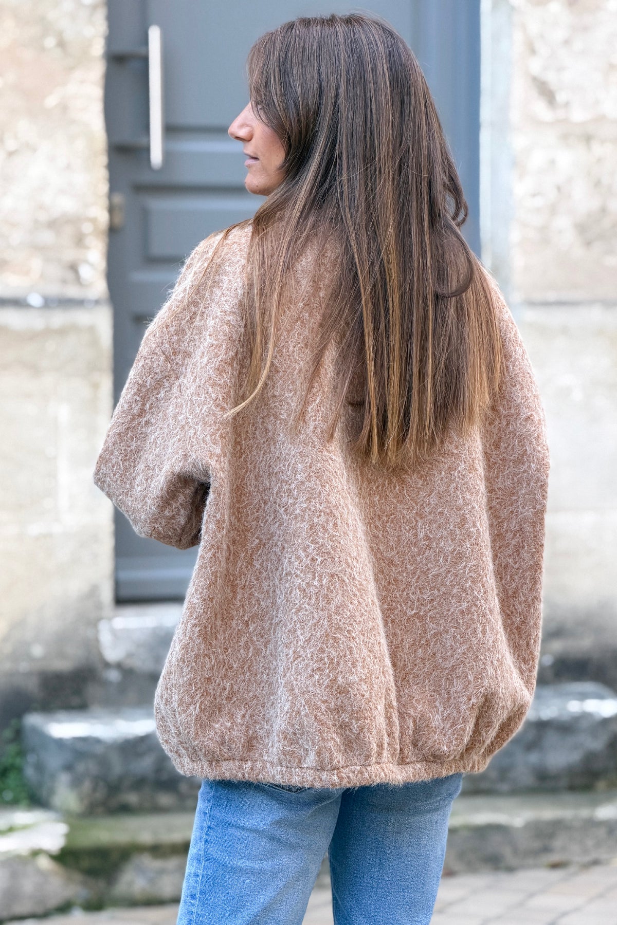 Camel Fuzzy Knit Sweater Coat