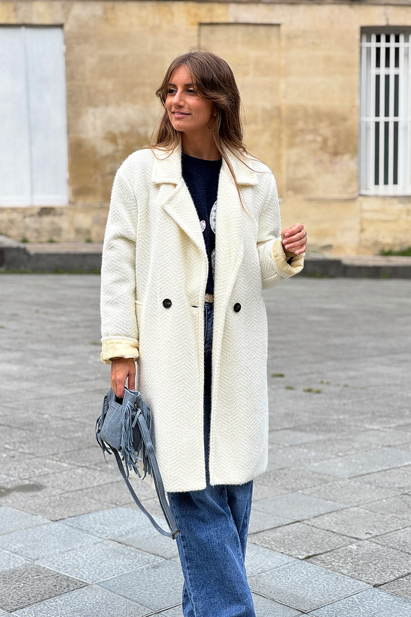 abrigo largo de punto de chenilla color crudo y suave