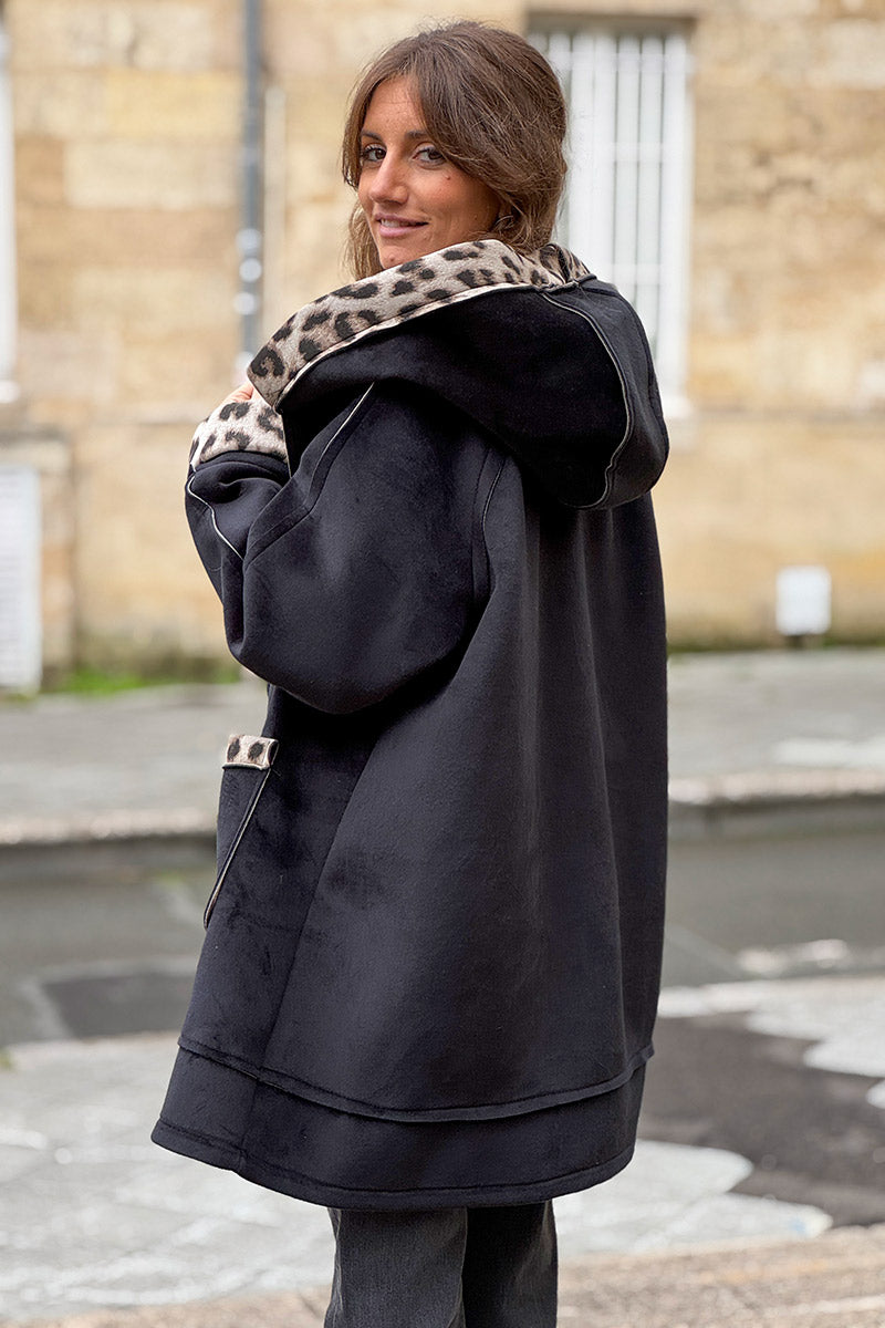 Black Velvet Hooded Jacket with Leopard Trim