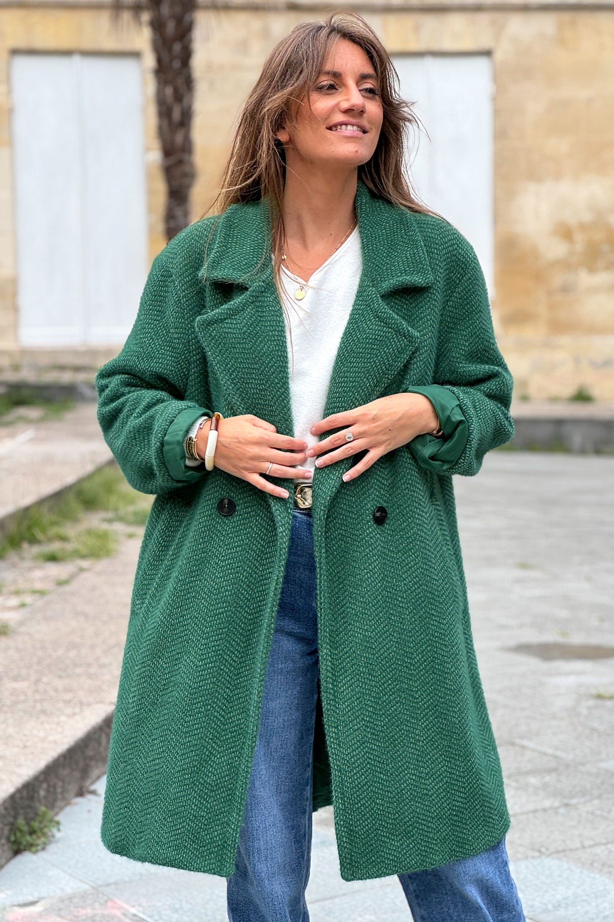 Hunter Green Herringbone Sweater Knit Peacoat