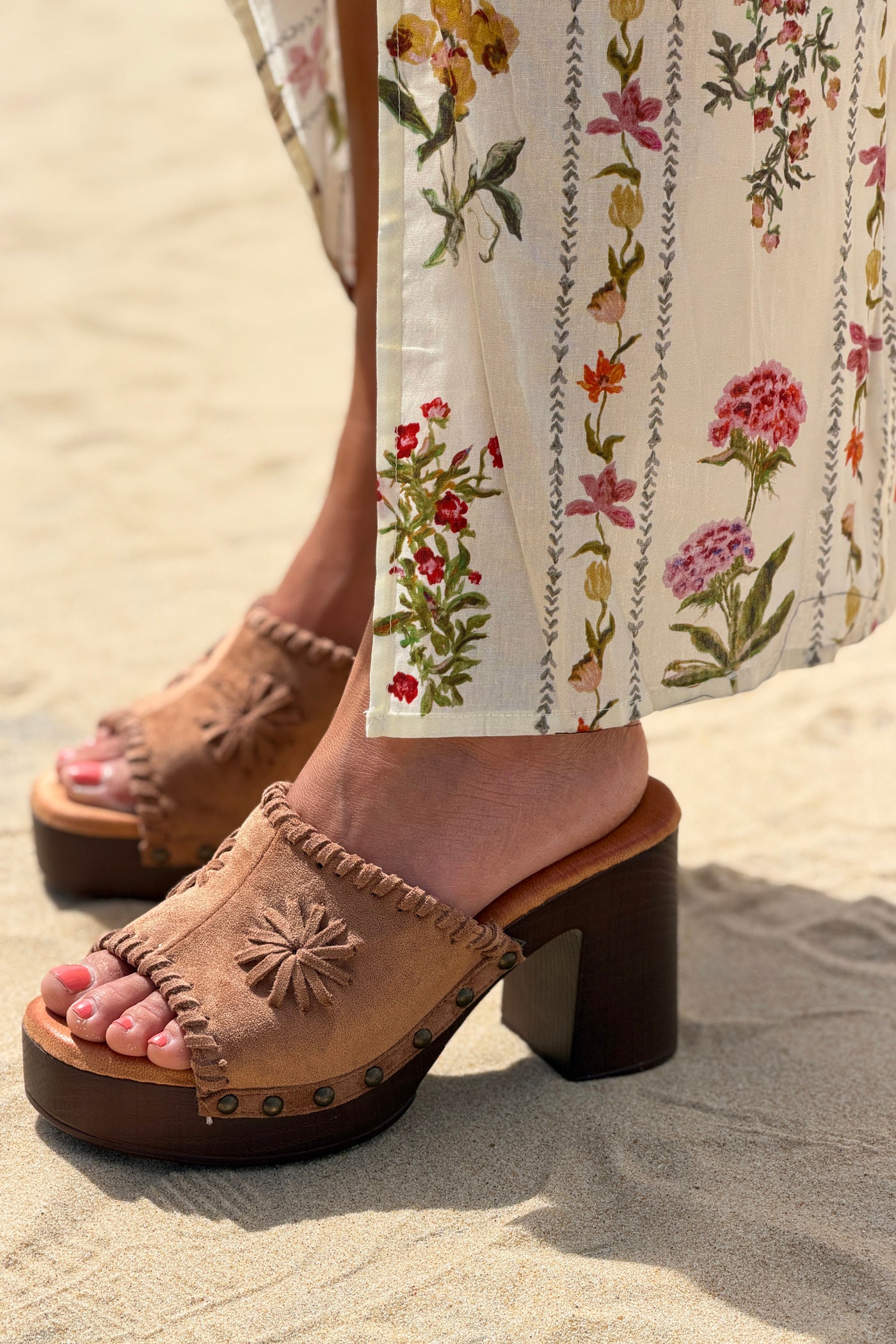 Beige Suedette Fringe Wrapped Mules