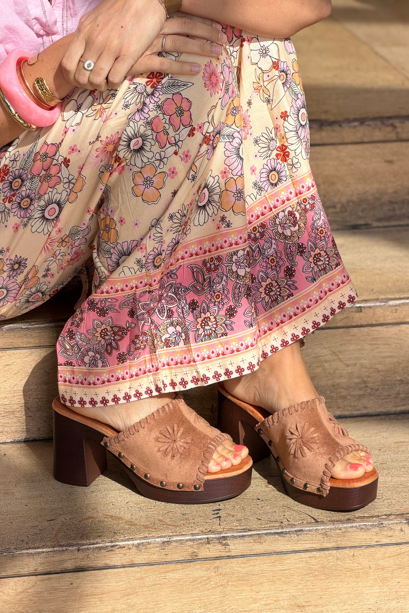 Beige Suedette Fringe Wrapped Mules