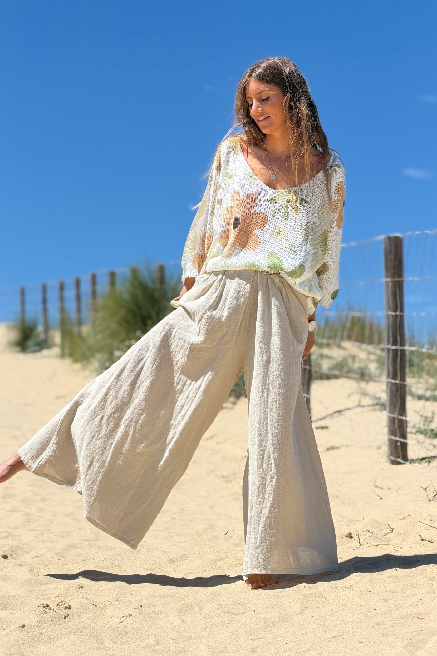 Beige Gauze Belted Ultra Wide-Leg Pants