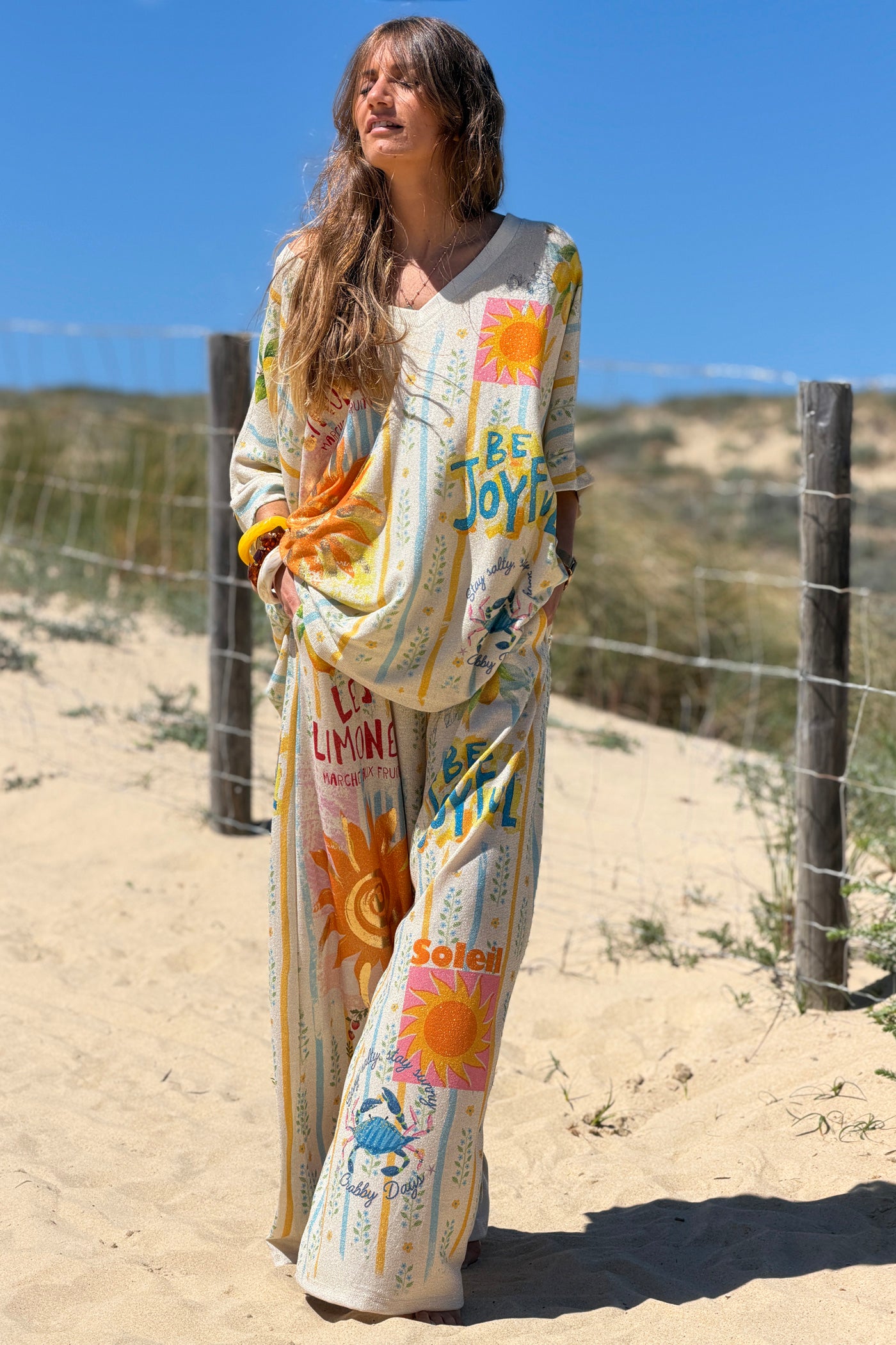 Cream “Be Joyful” Glitter Knit Lemon Stripe Pants