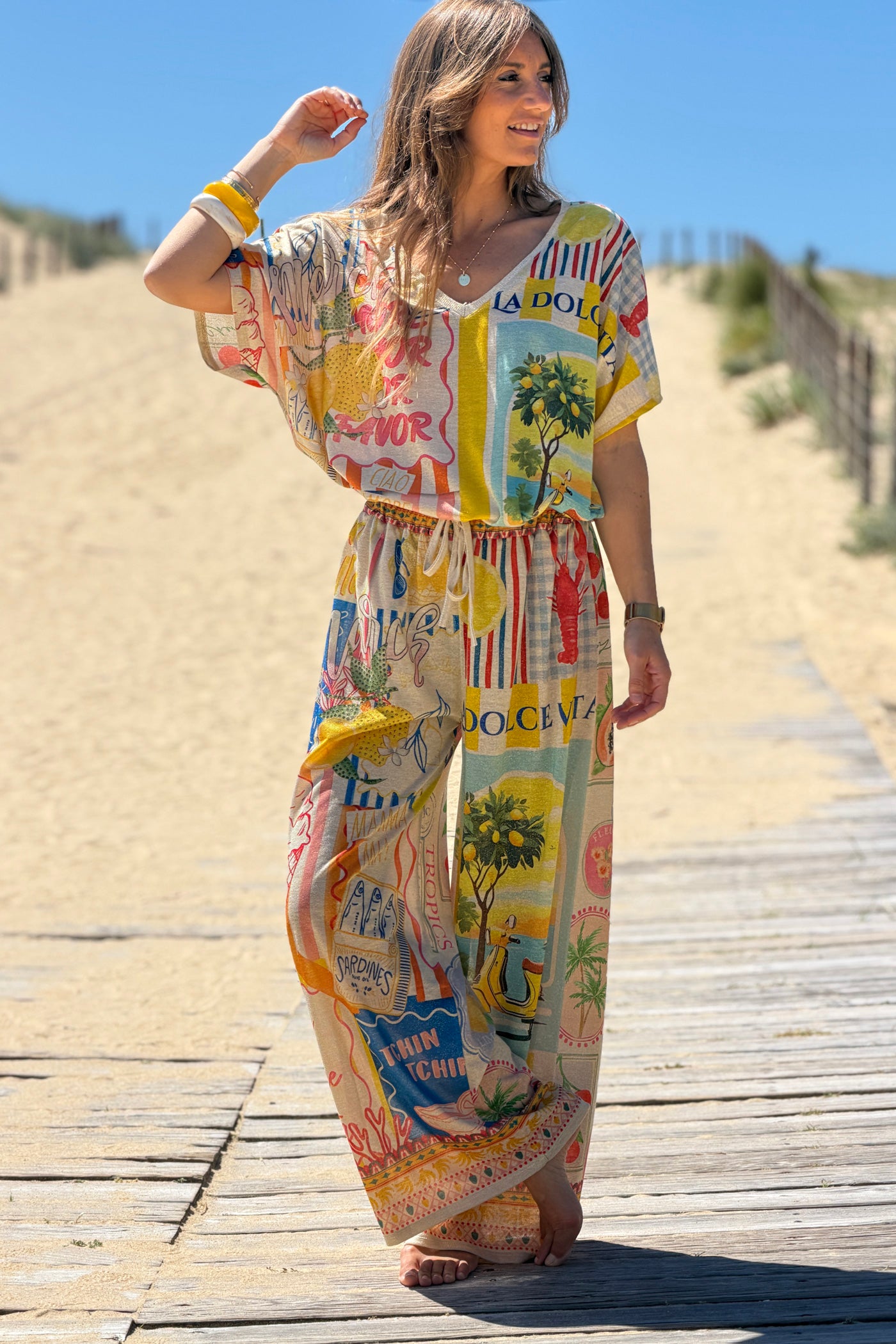 Cream Mediterranean Vintage Postcard Glitter Knit Pants