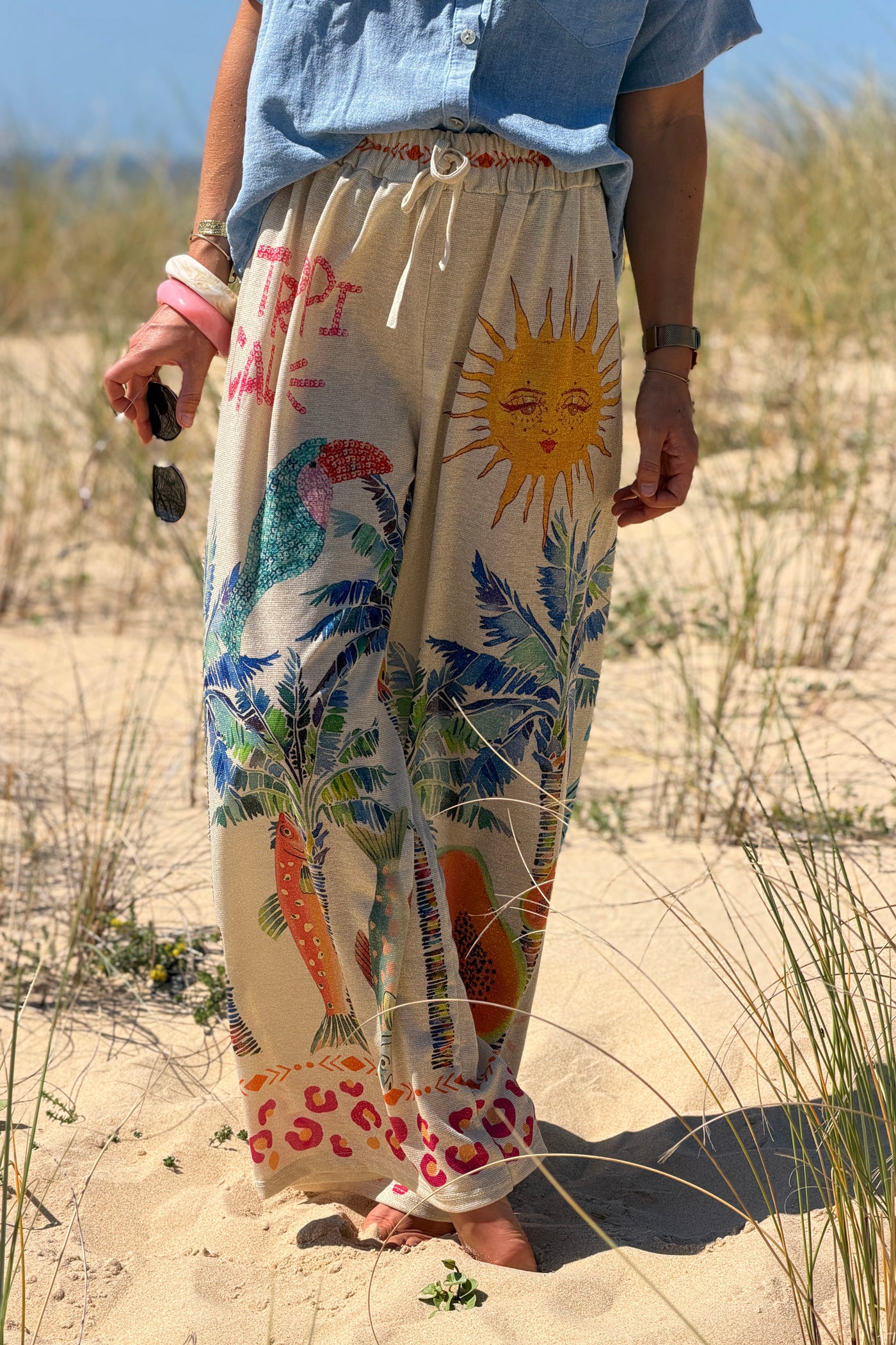 Beige Tropical Abstract Glitter Knit Pants