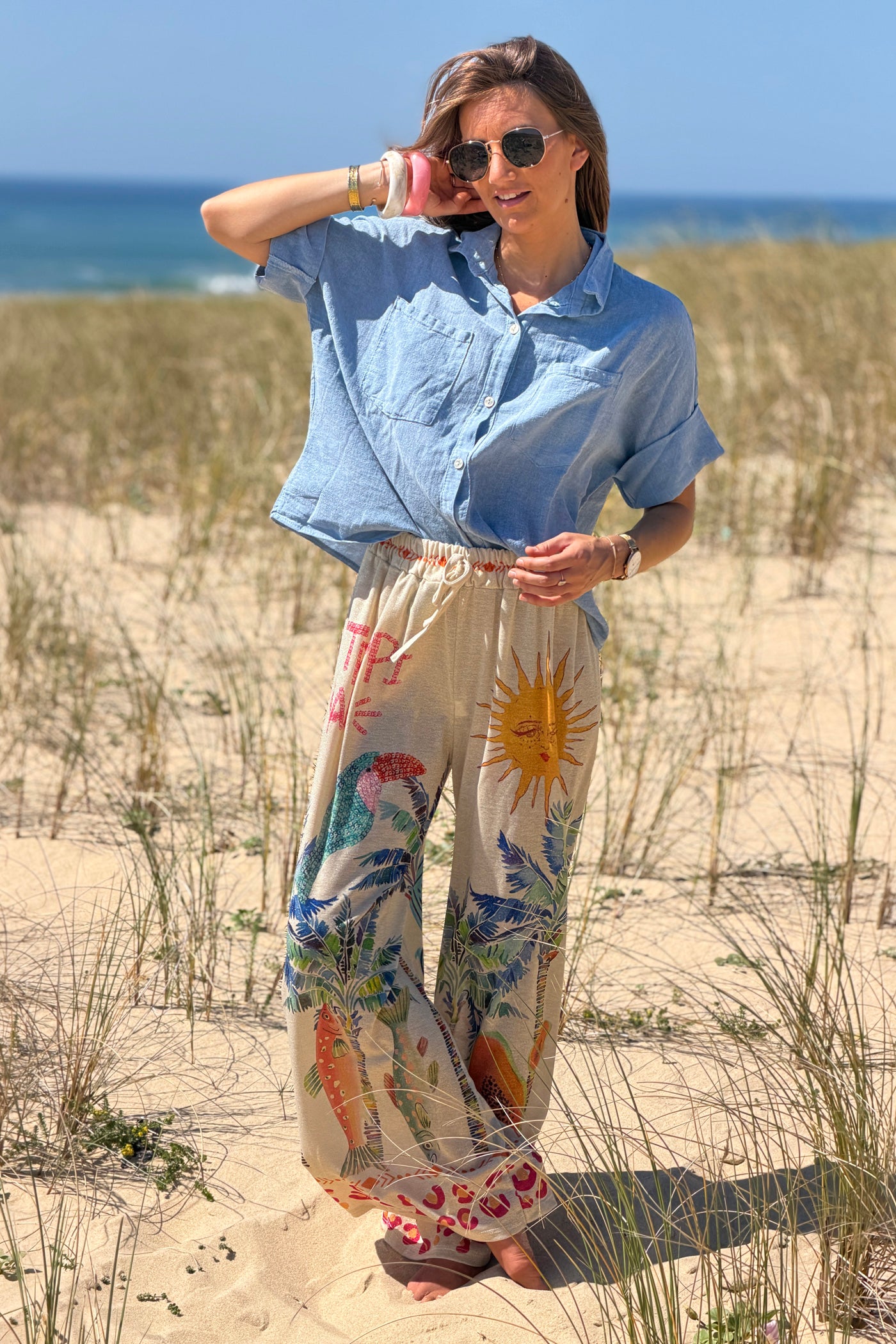 Beige Tropical Abstract Glitter Knit Pants