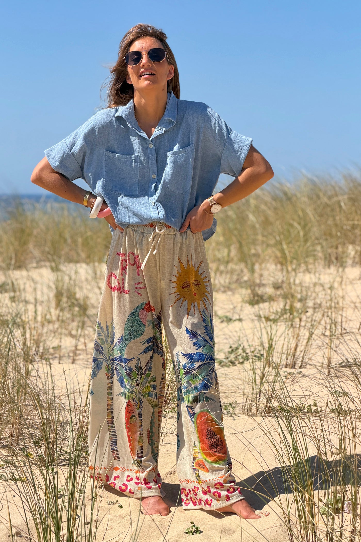 Beige Tropical Abstract Glitter Knit Pants