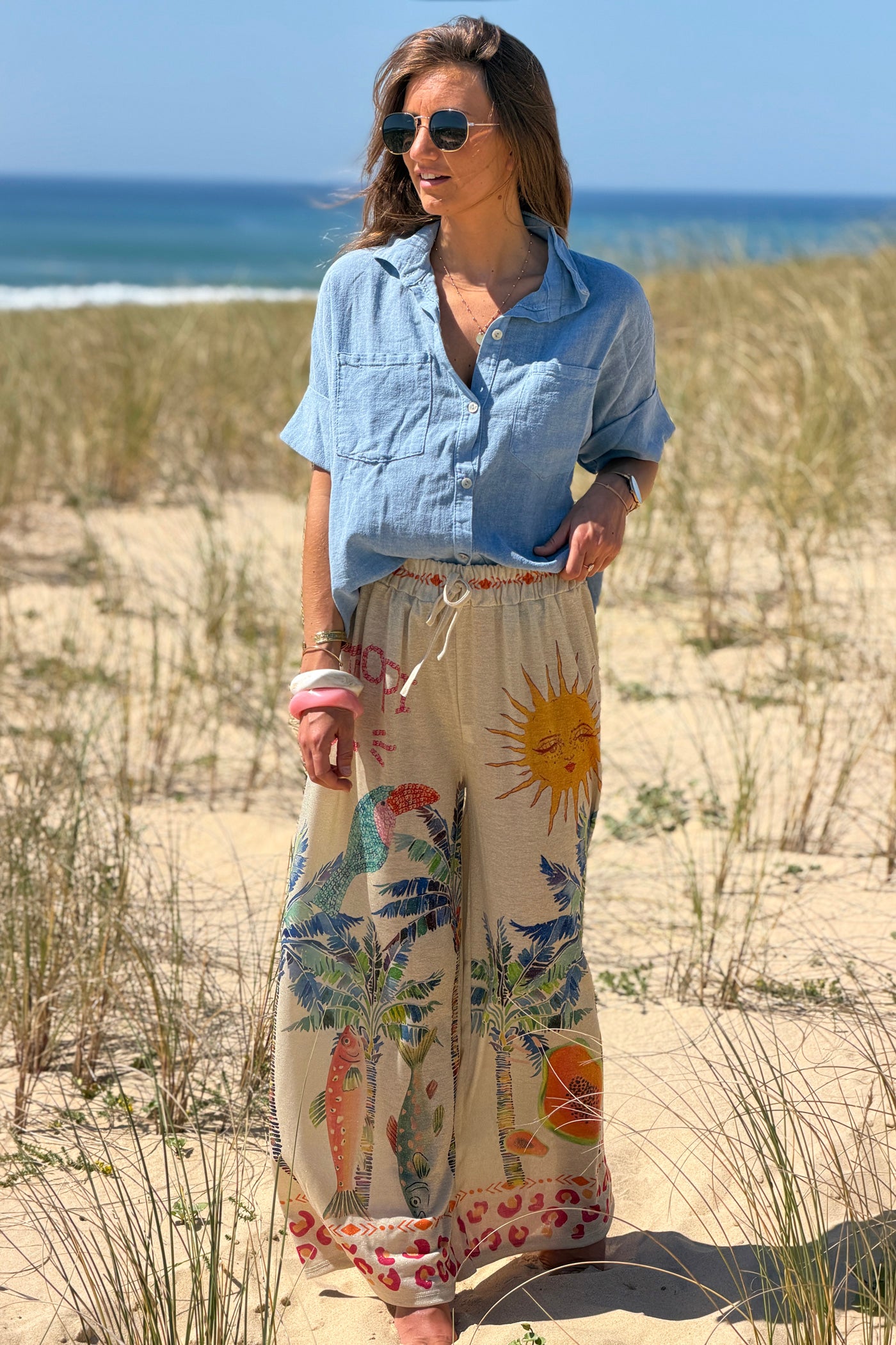 Beige Tropical Abstract Glitter Knit Pants
