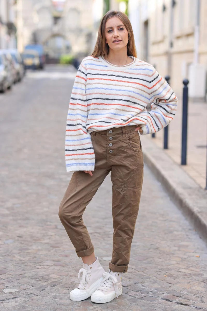 Camel coloured bi-material trousers with buttons