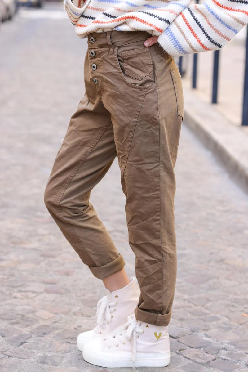 Camel coloured bi-material trousers with buttons