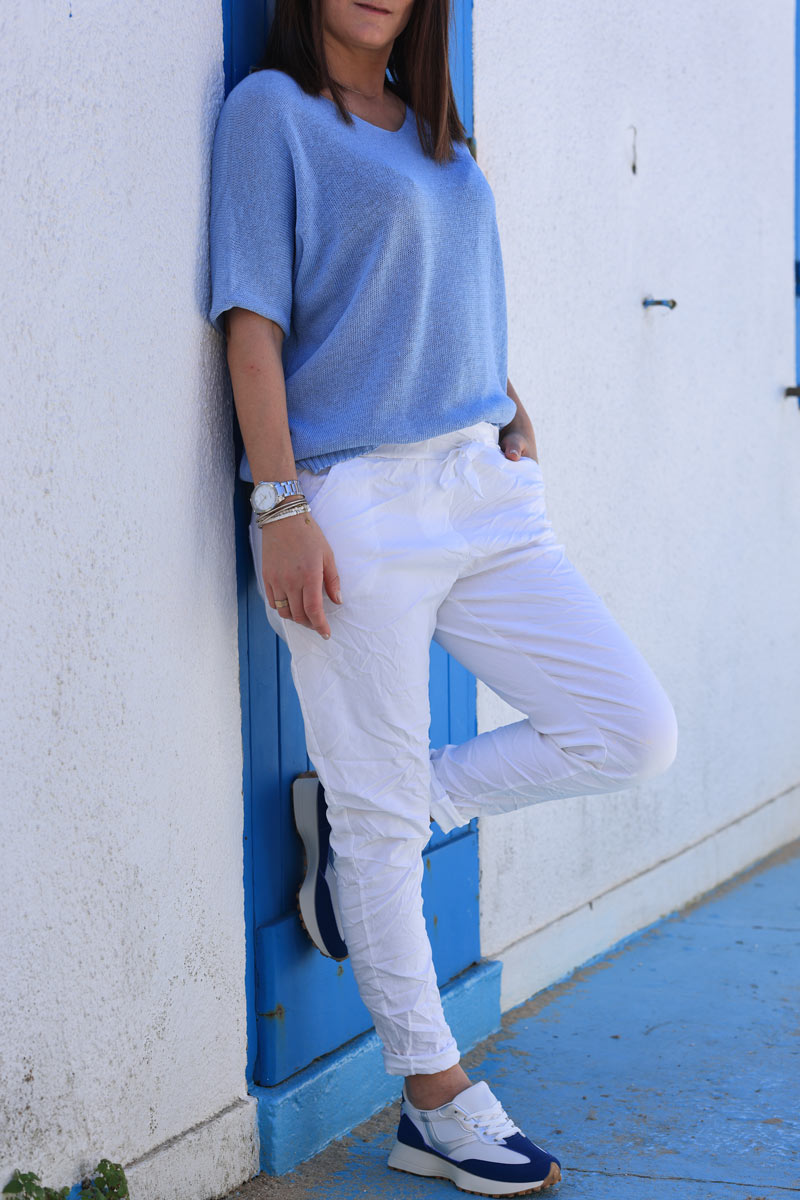 White comfort and stretch fabric pants with a glitter star