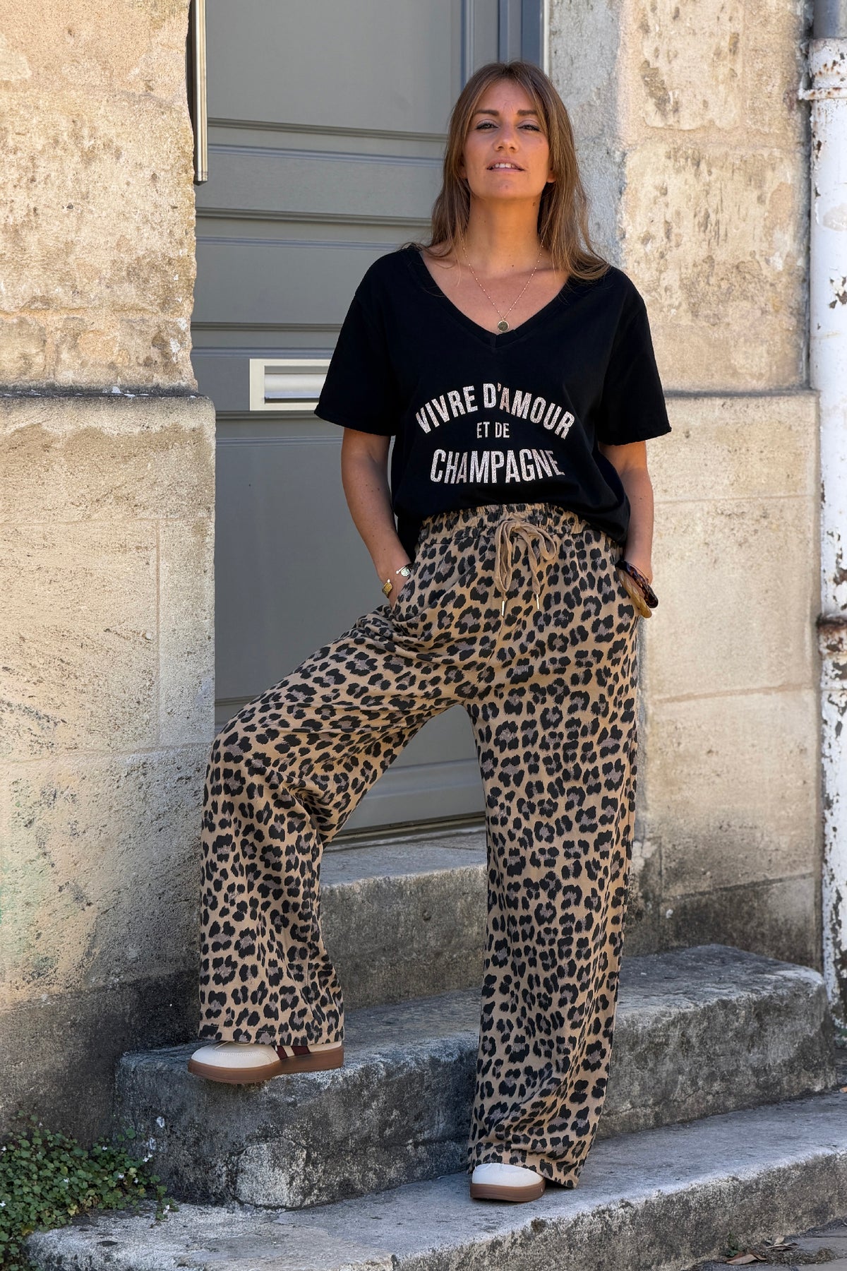 Pantalon de jogging imprimé léopard wide leg taille élastique