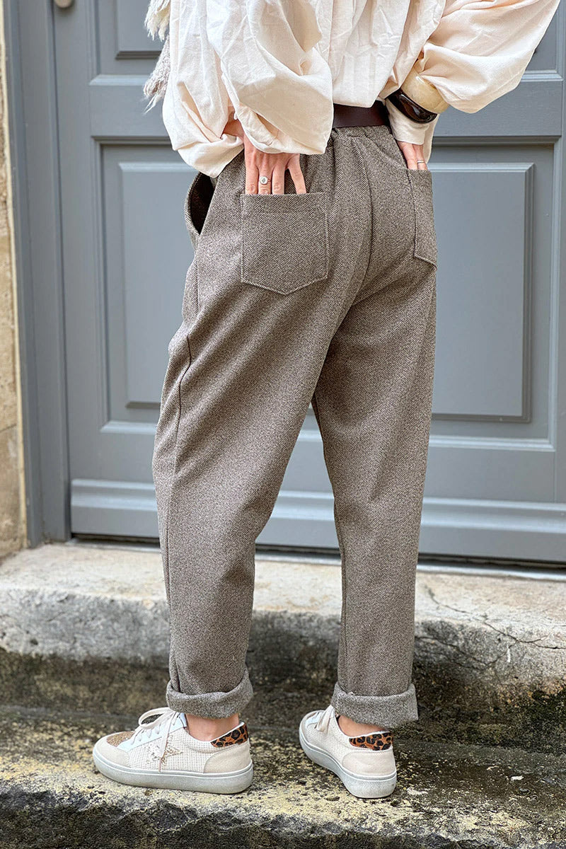 Gray Herringbone Tweed Pull-On Pants with Belt