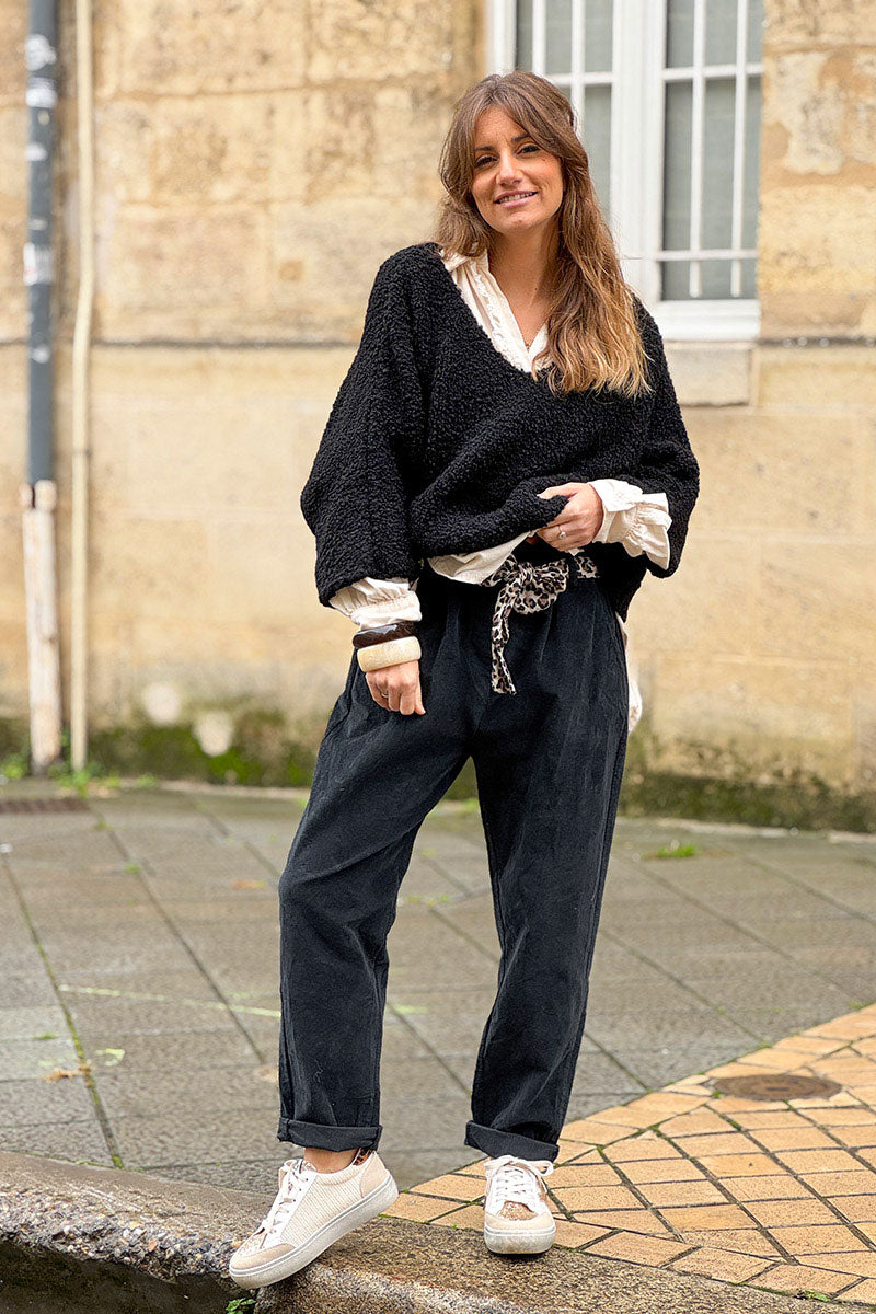 Black Corduroy Pants with Leopard Sash Belt